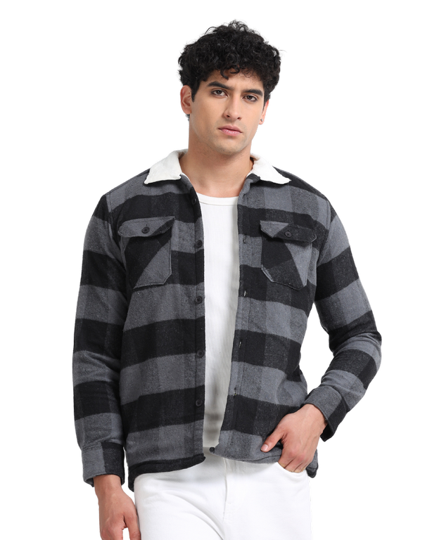 Men Checkered Long Sleeve Fur Collared Casual Brushed OverShirt
