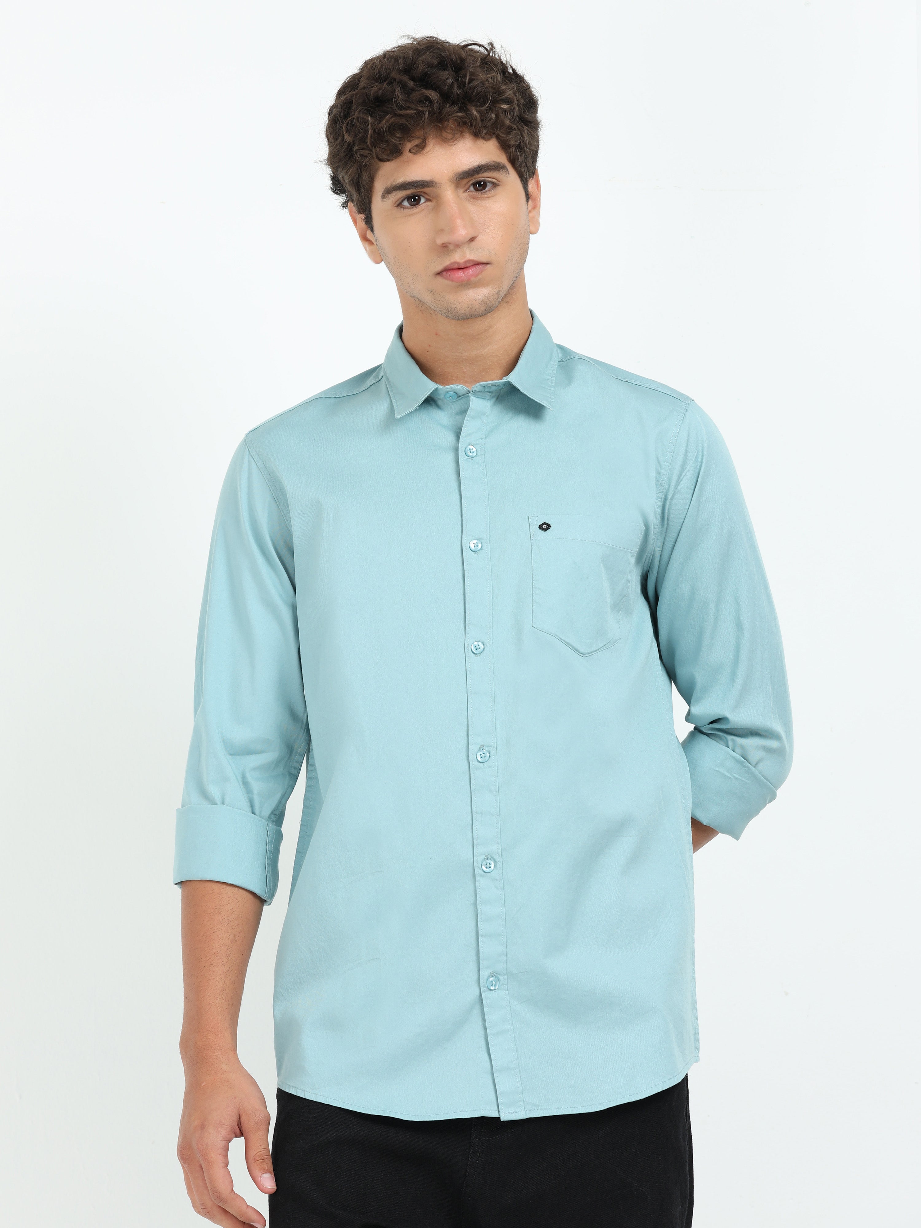 Mens Green Twill Shirt Slim Fit