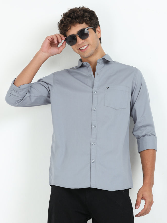 Mens Grey Twill Shirt Slim Fit