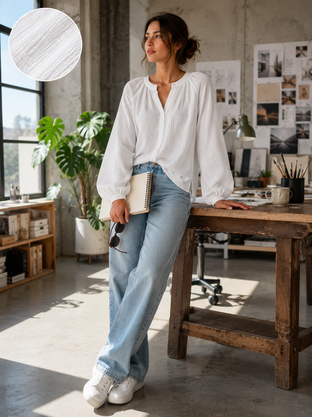 Women White Balloon Sleeve Relaxed Shirt