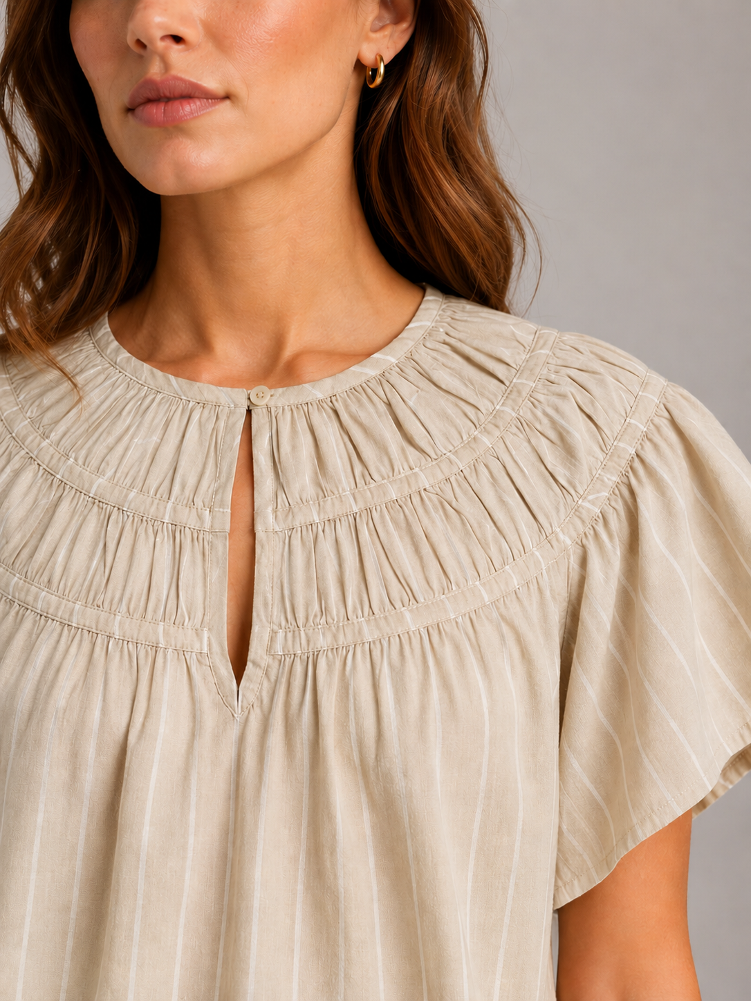 Women Beige Smocked Neck Top