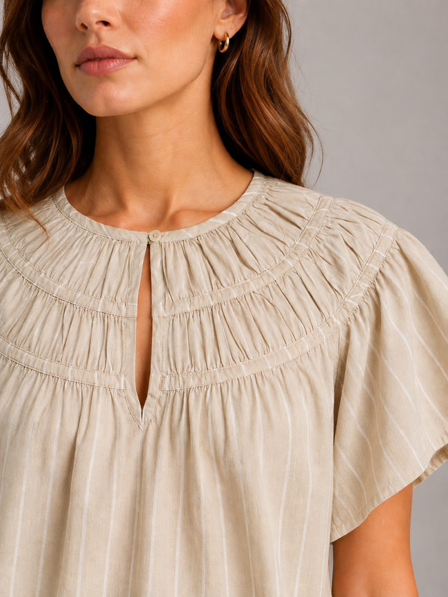 Women Beige Smocked Neck Top