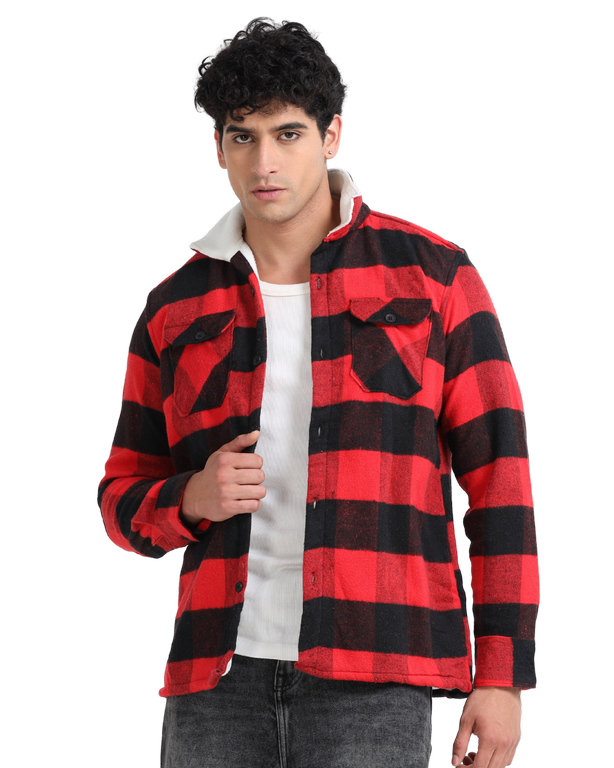 Men Checkered Long Sleeve Fur Collared Casual Brushed OverShirt