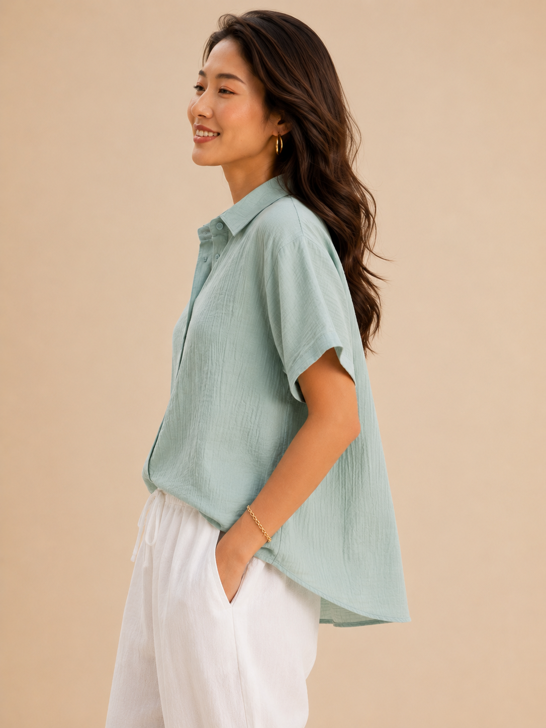 Women Green Double Gauze Shirt With Waist Tie