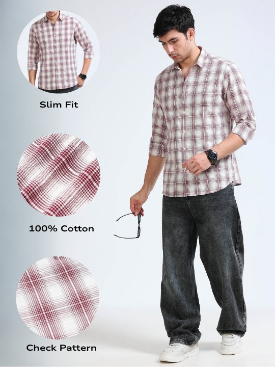 Men Maroon Checked Casual Shirt