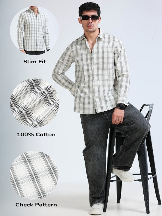 Men Cream Checked Casual Shirt