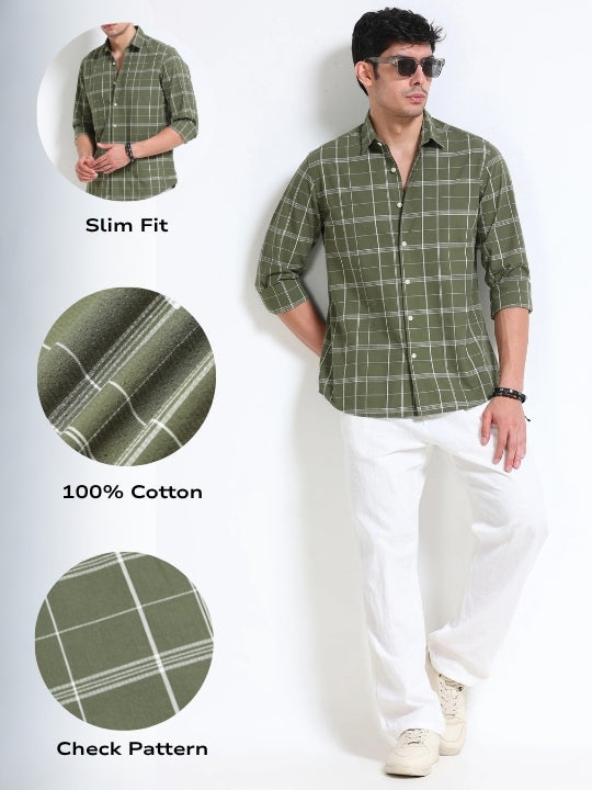 Men Green Checked Casual Shirt