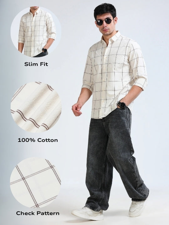 Men Cream Checked Casual Shirt
