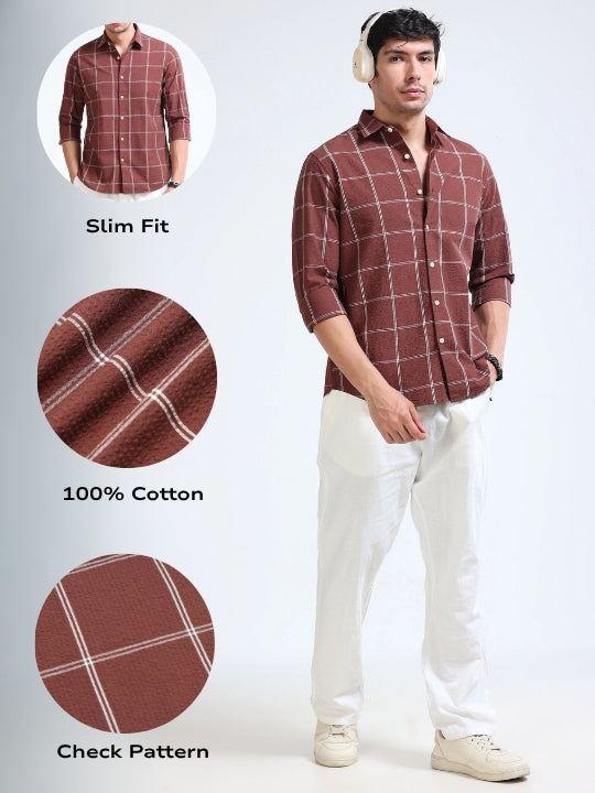 Men Brown Checked Casual Shirt