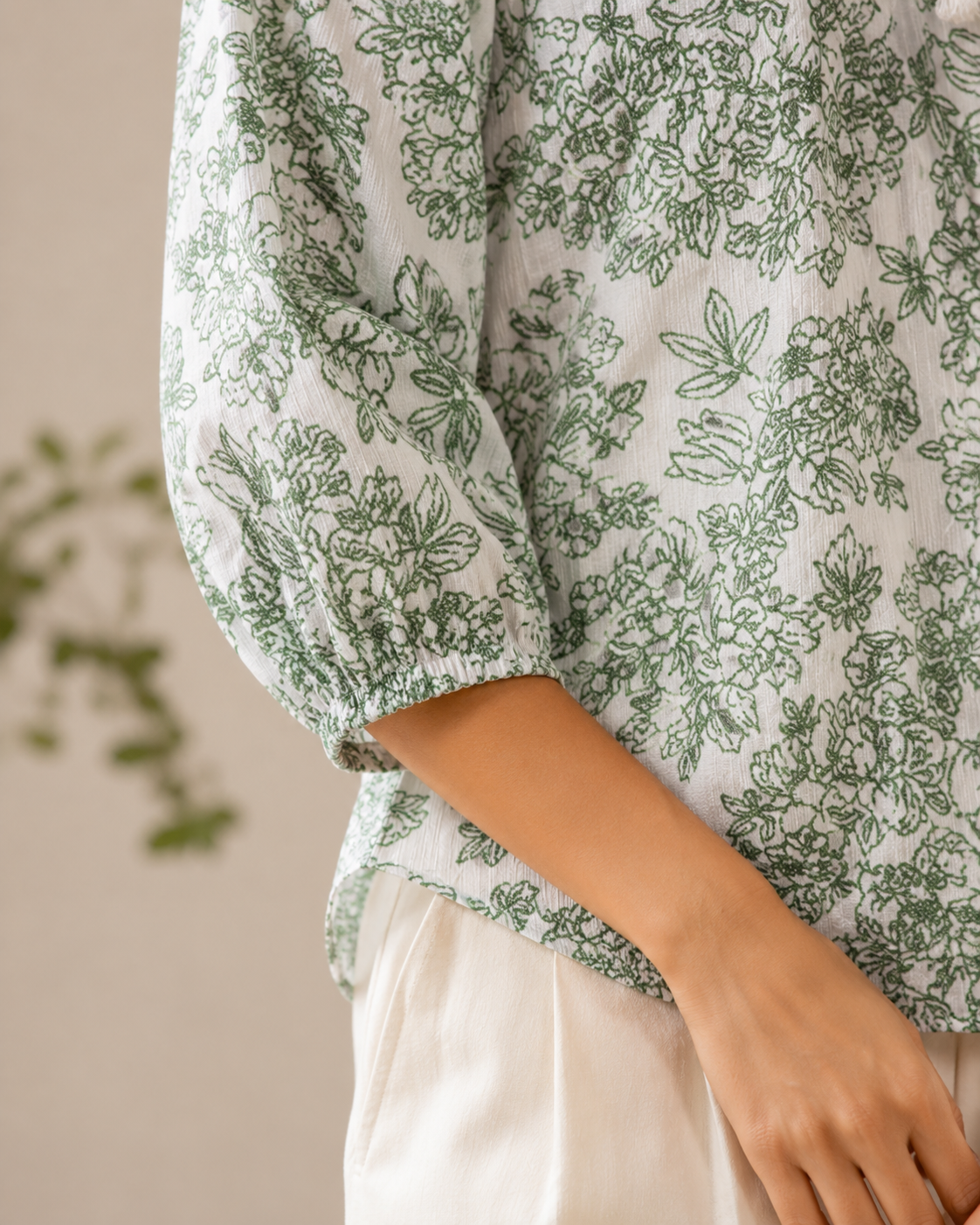 Women Floral Tie-Neck Top In Sage