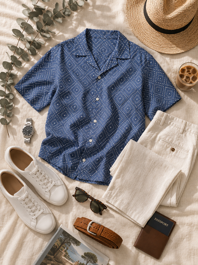Men Blue Geometric Camp Collar Shirt