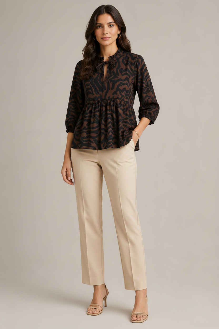 Women Tiger Print Tie-Neck Peplum Top