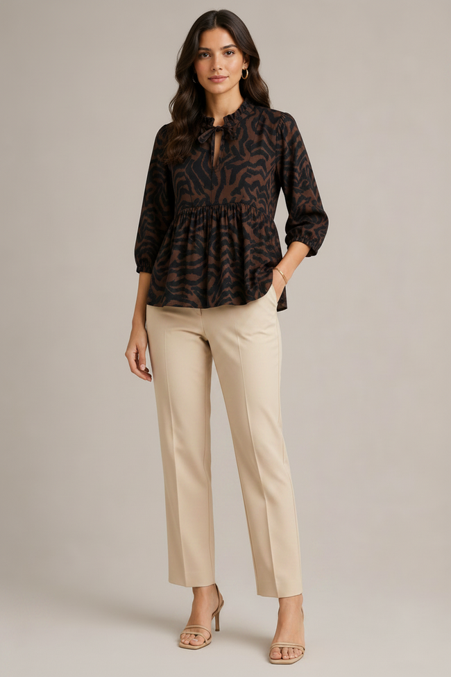 Women Tiger Print Tie-Neck Peplum Top