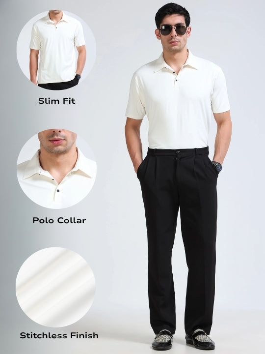 Men Off White Viscose Polo T-Shirt