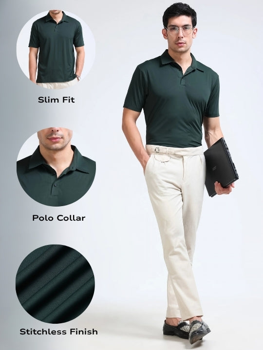 Men Green Viscose Polo T-Shirt