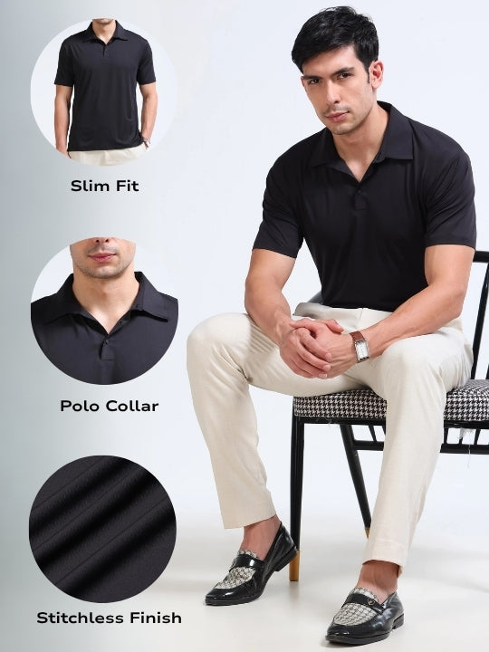 Men Black Viscose Polo T-Shirt