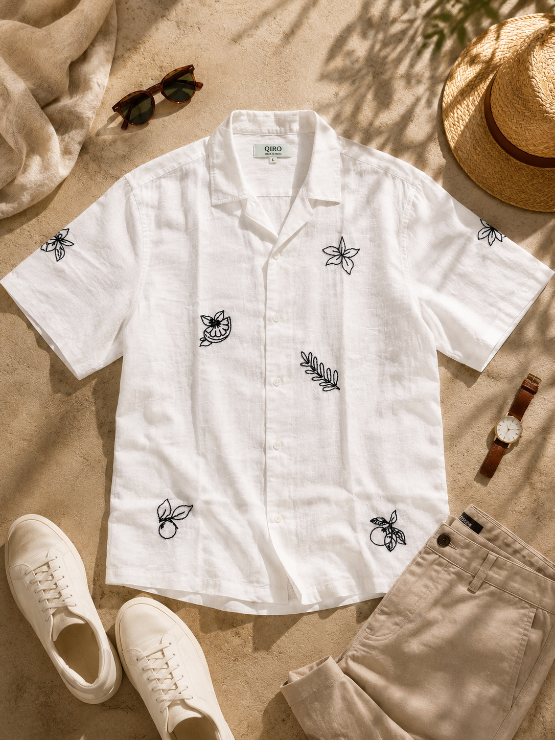 Men White Pure Linen Shirt with Botanical Embroidery