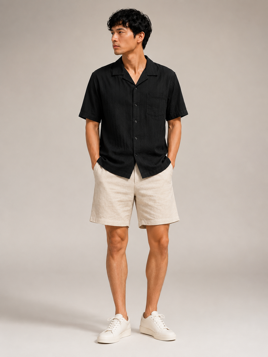 Men Black Resort-Fit Camp Collar Shirt