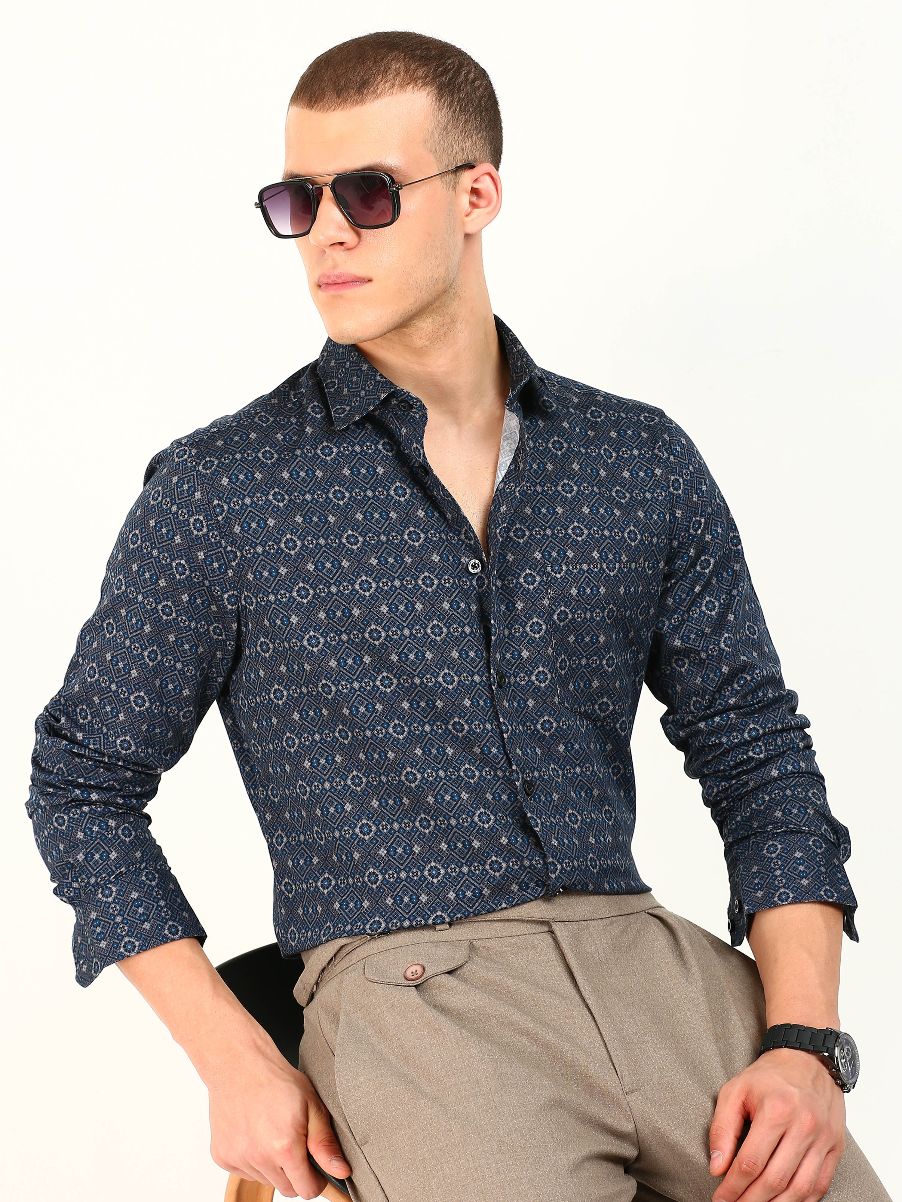 Dark Blue Printed Pattern Shirt