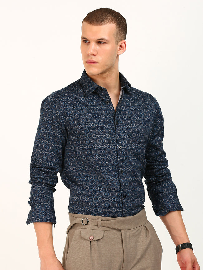 Dark Blue Printed Pattern Shirt