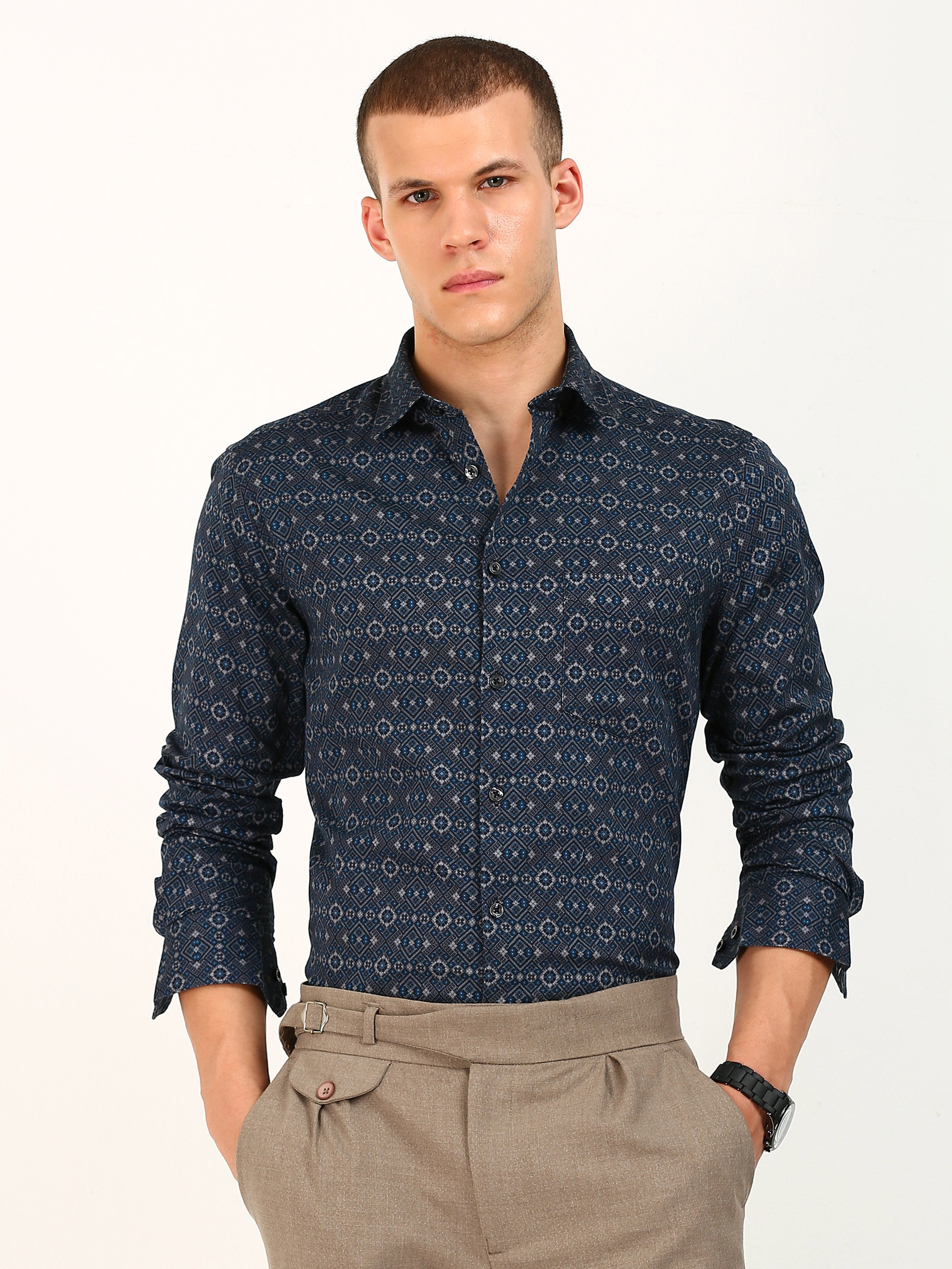 Dark Blue Printed Pattern Shirt