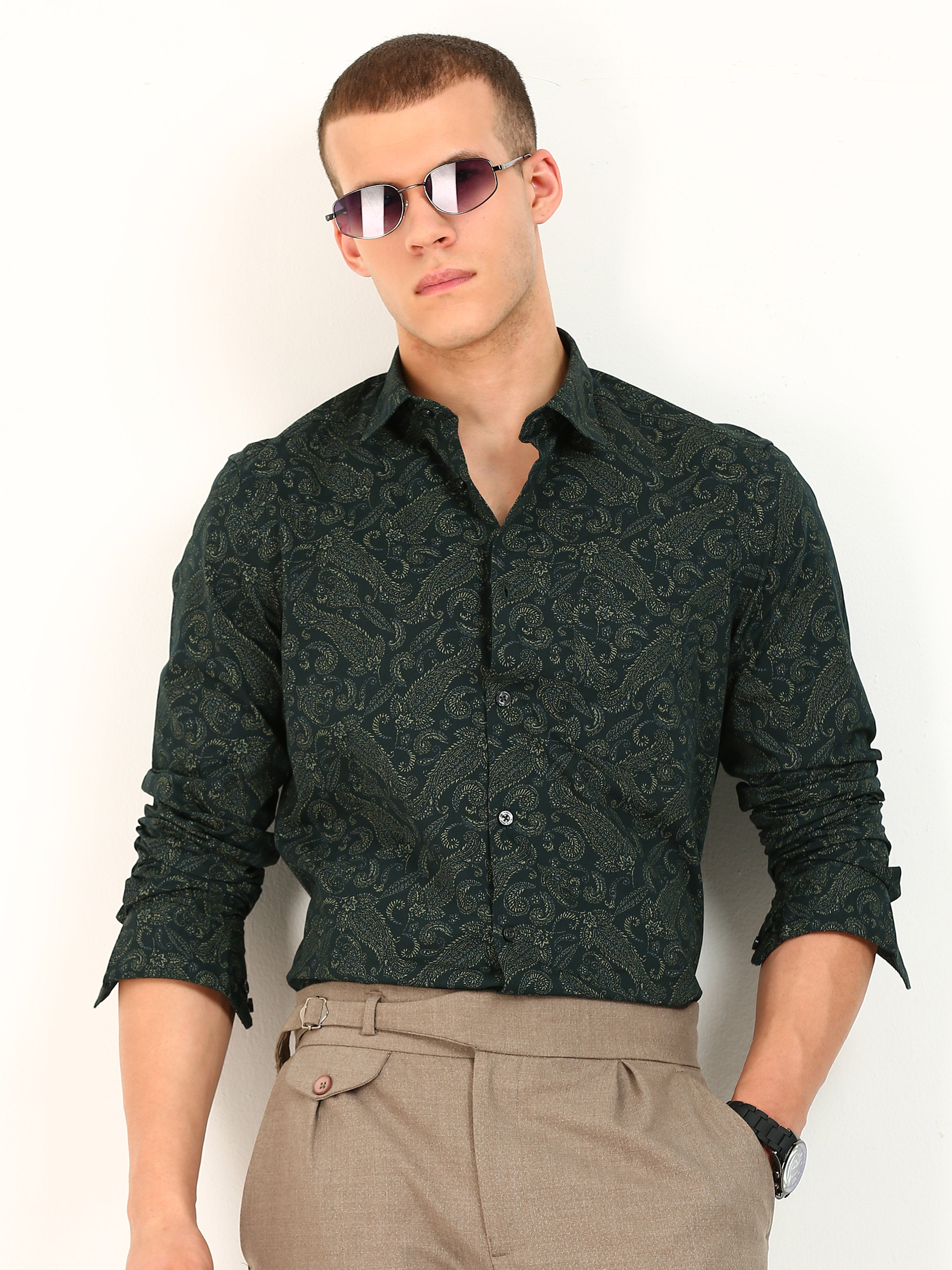 Green Cotton Occasion Wear Shirt