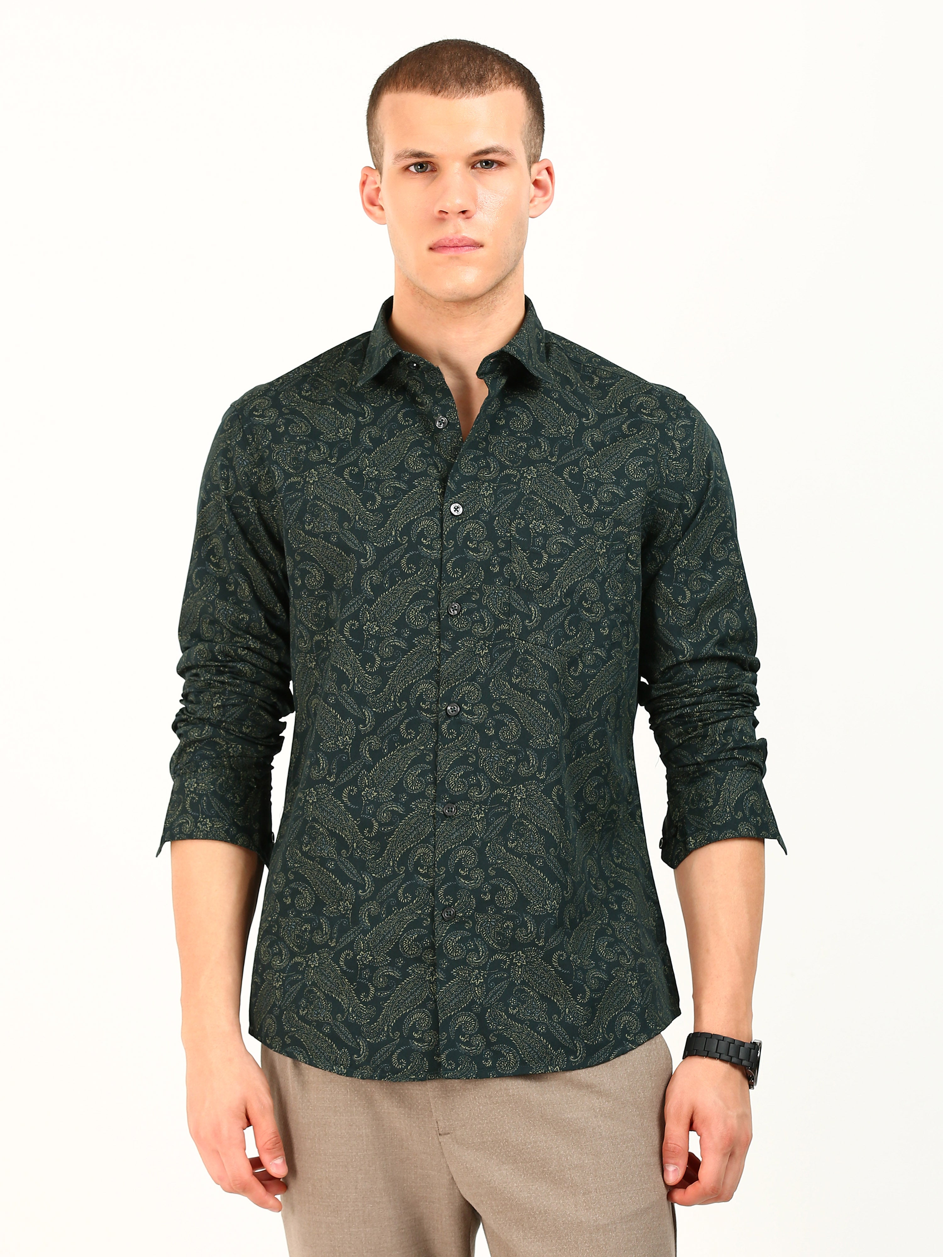 Green Cotton Occasion Wear Shirt