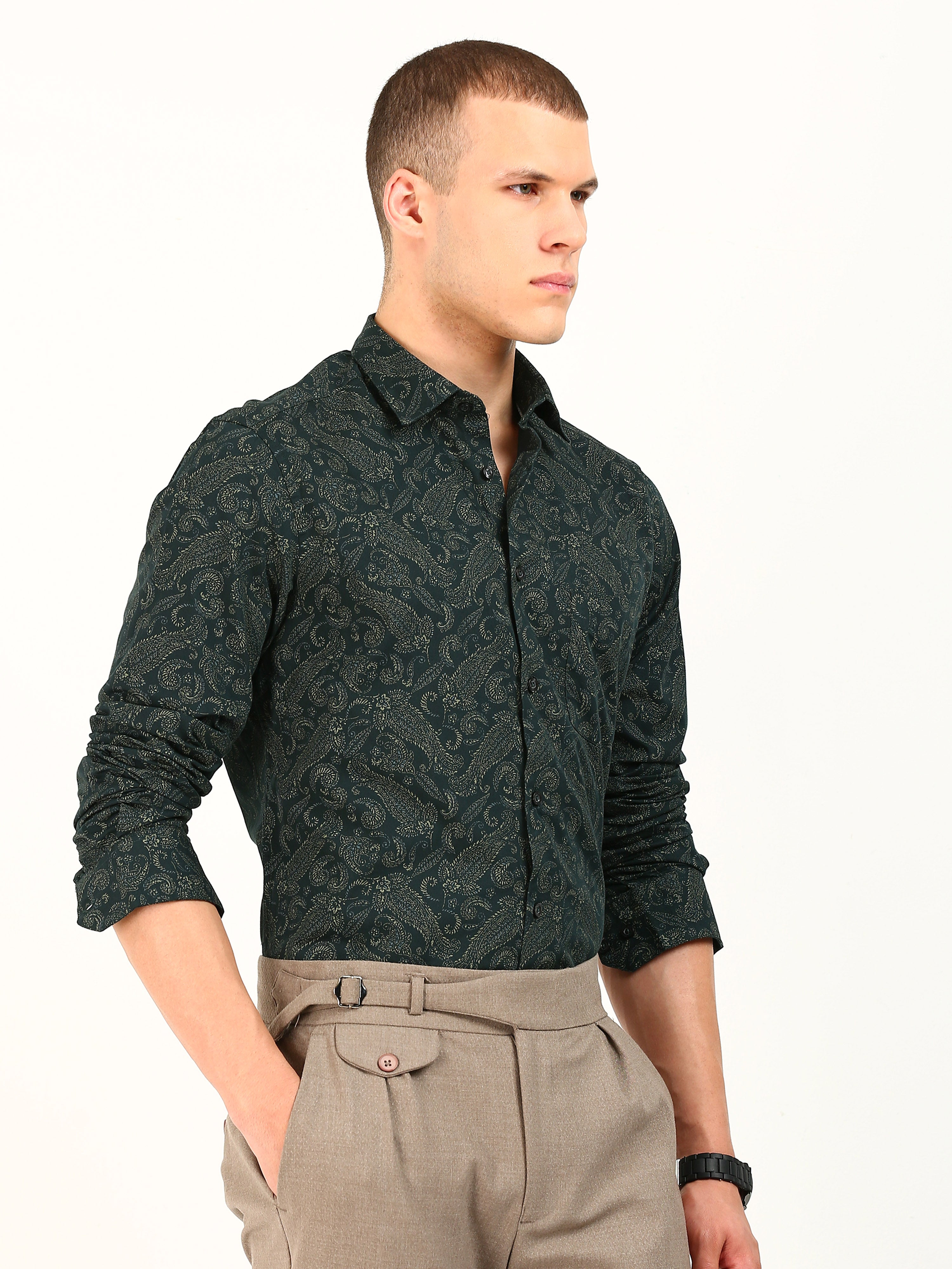 Green Cotton Occasion Wear Shirt