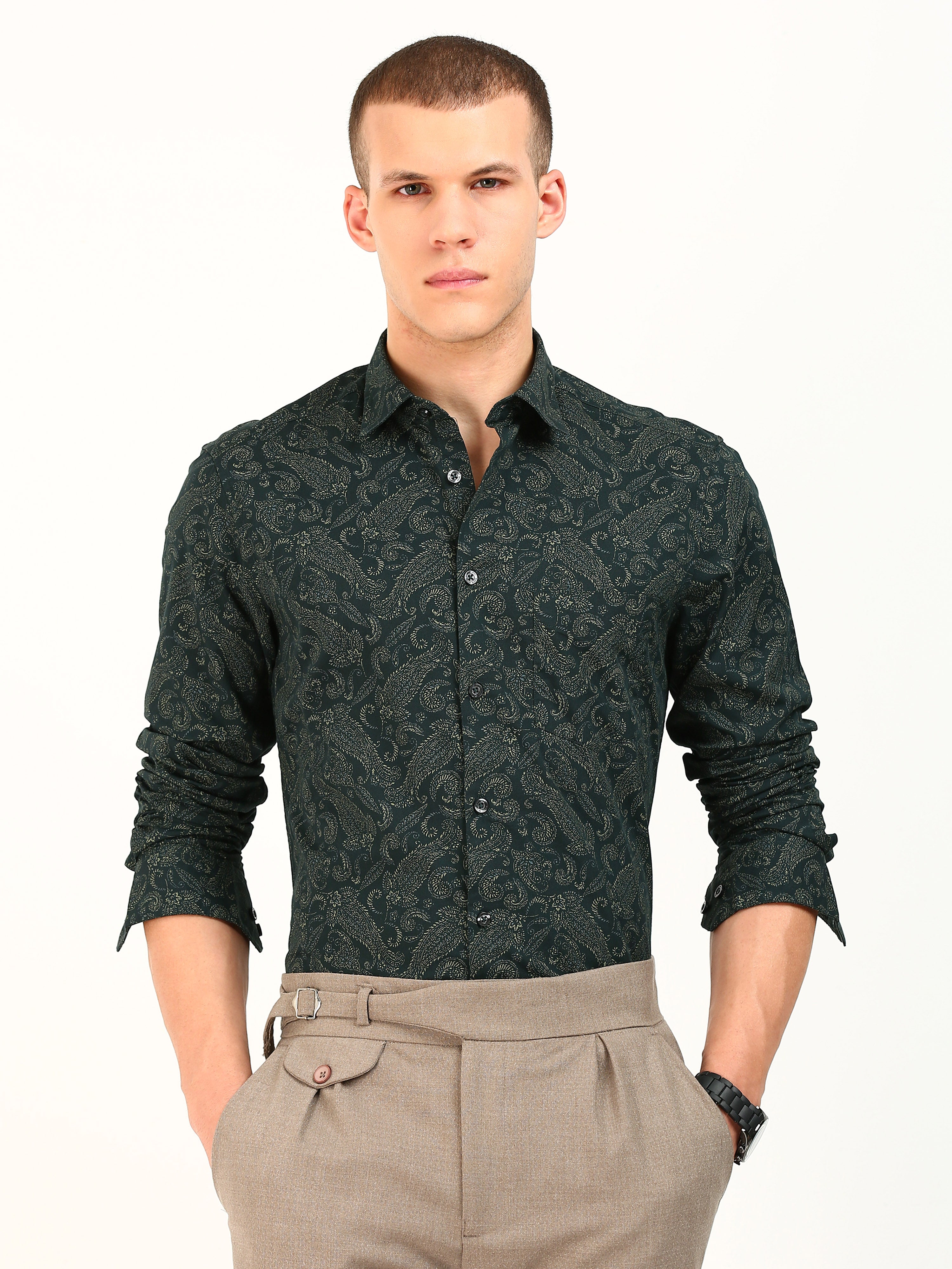 Green Cotton Occasion Wear Shirt