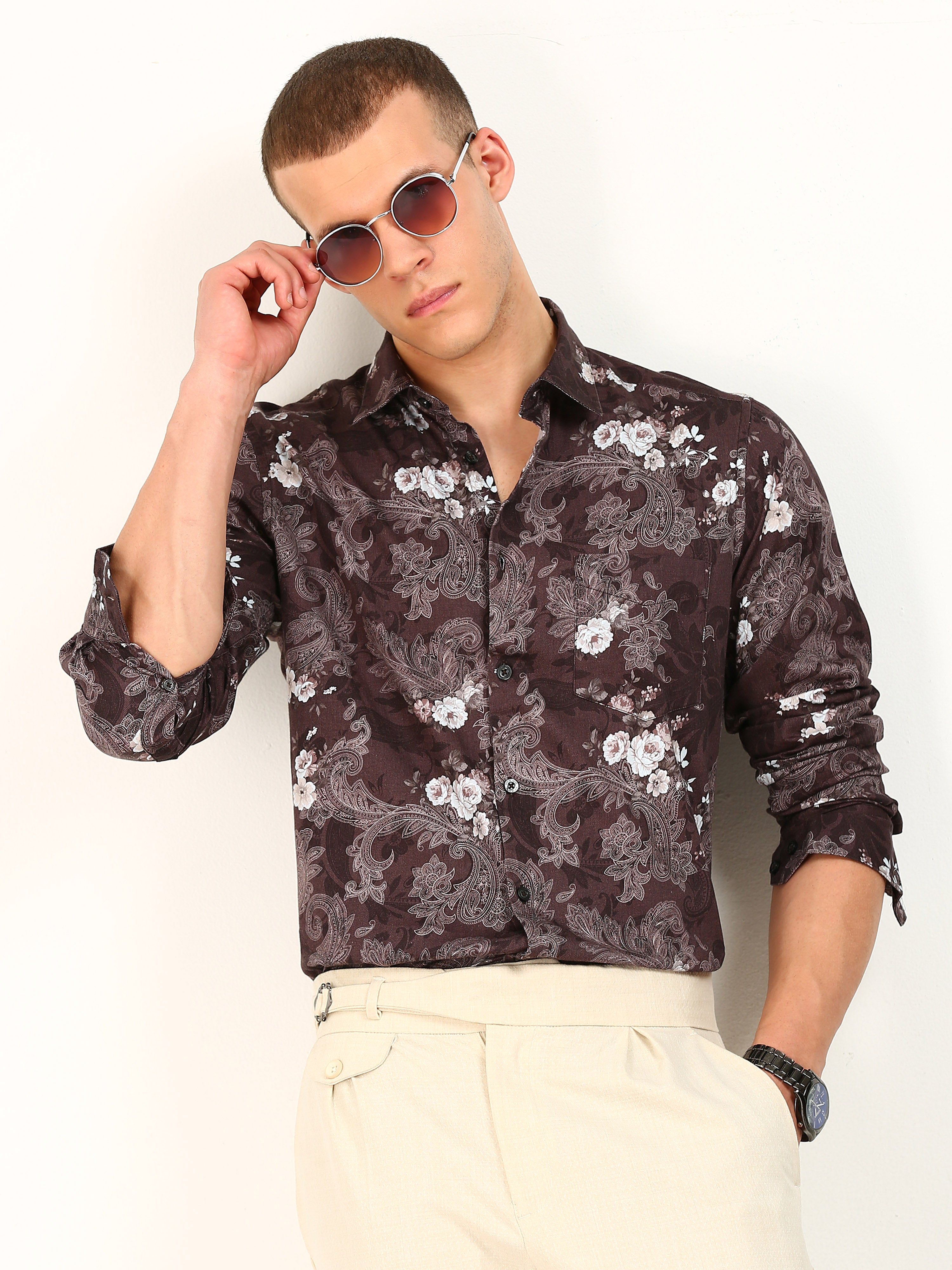 Maroon Floral Printed Cotton Shirt