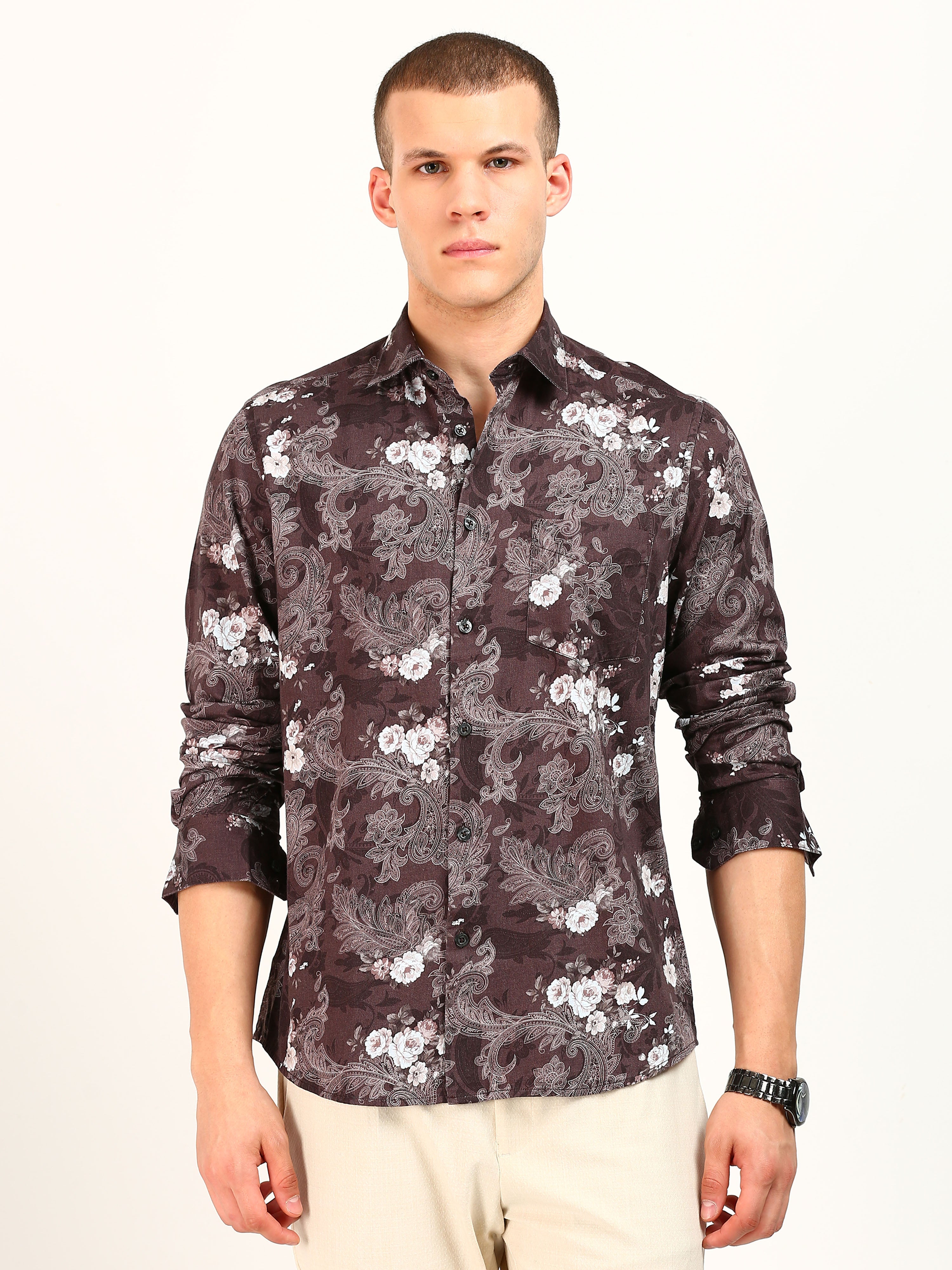 Maroon Floral Printed Cotton Shirt