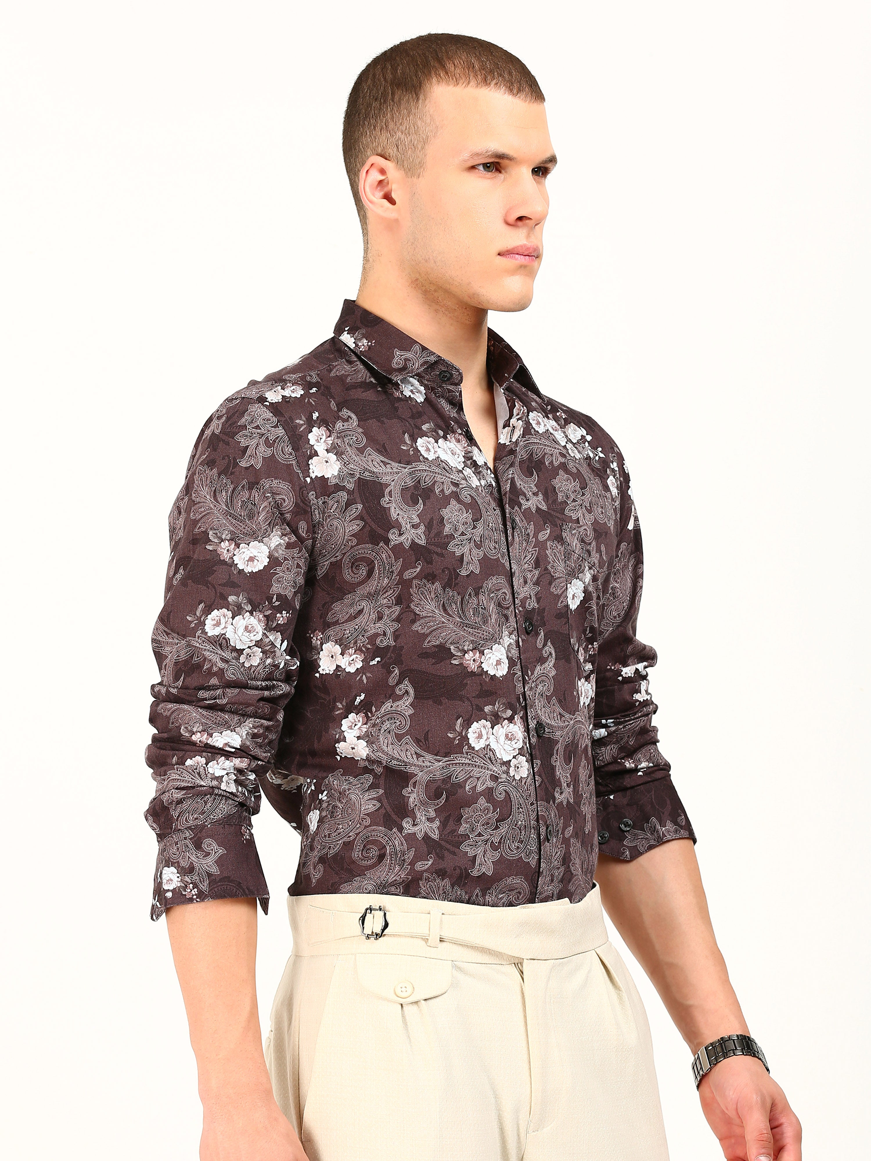 Maroon Floral Printed Cotton Shirt
