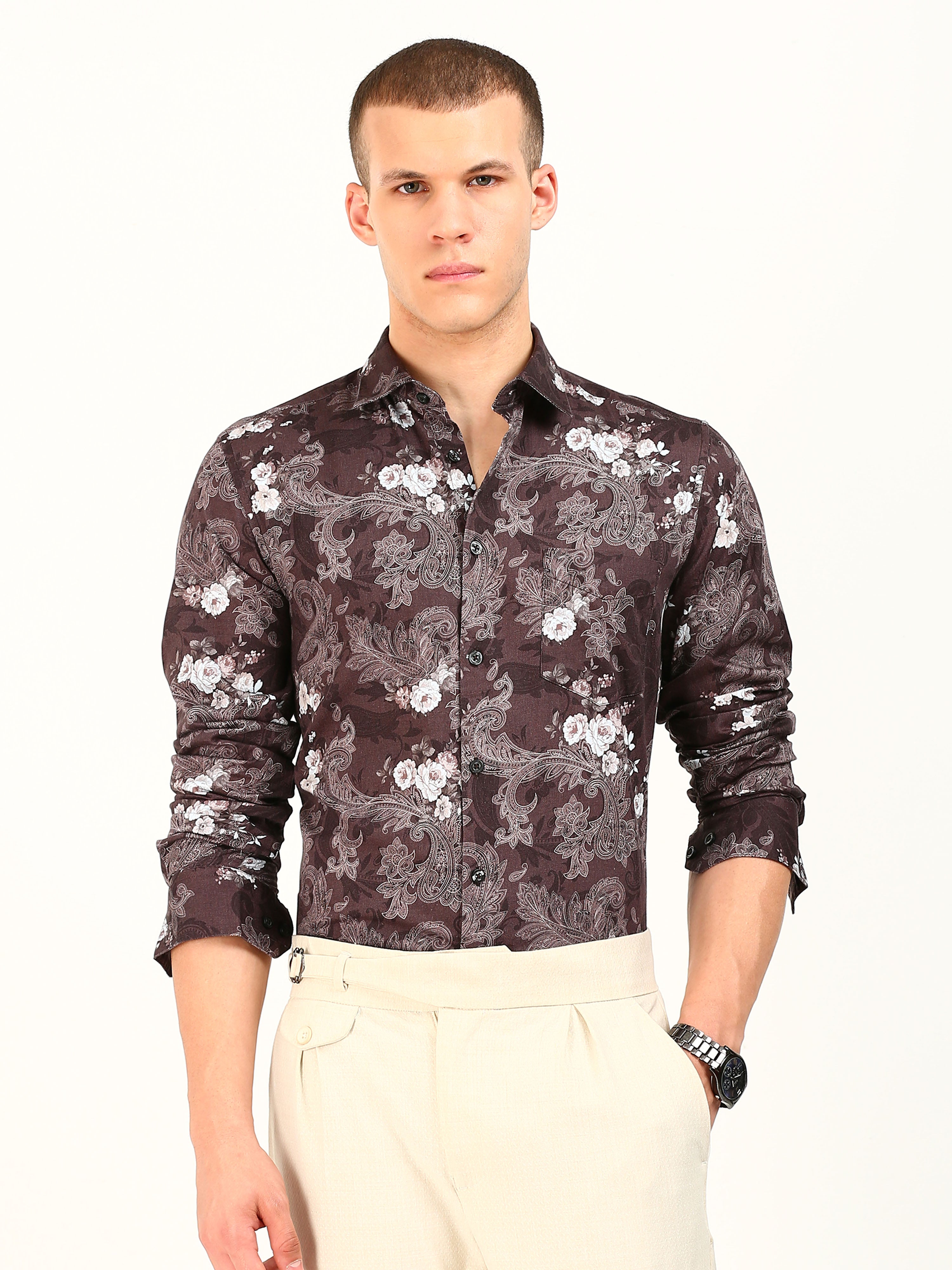 Maroon Floral Printed Cotton Shirt