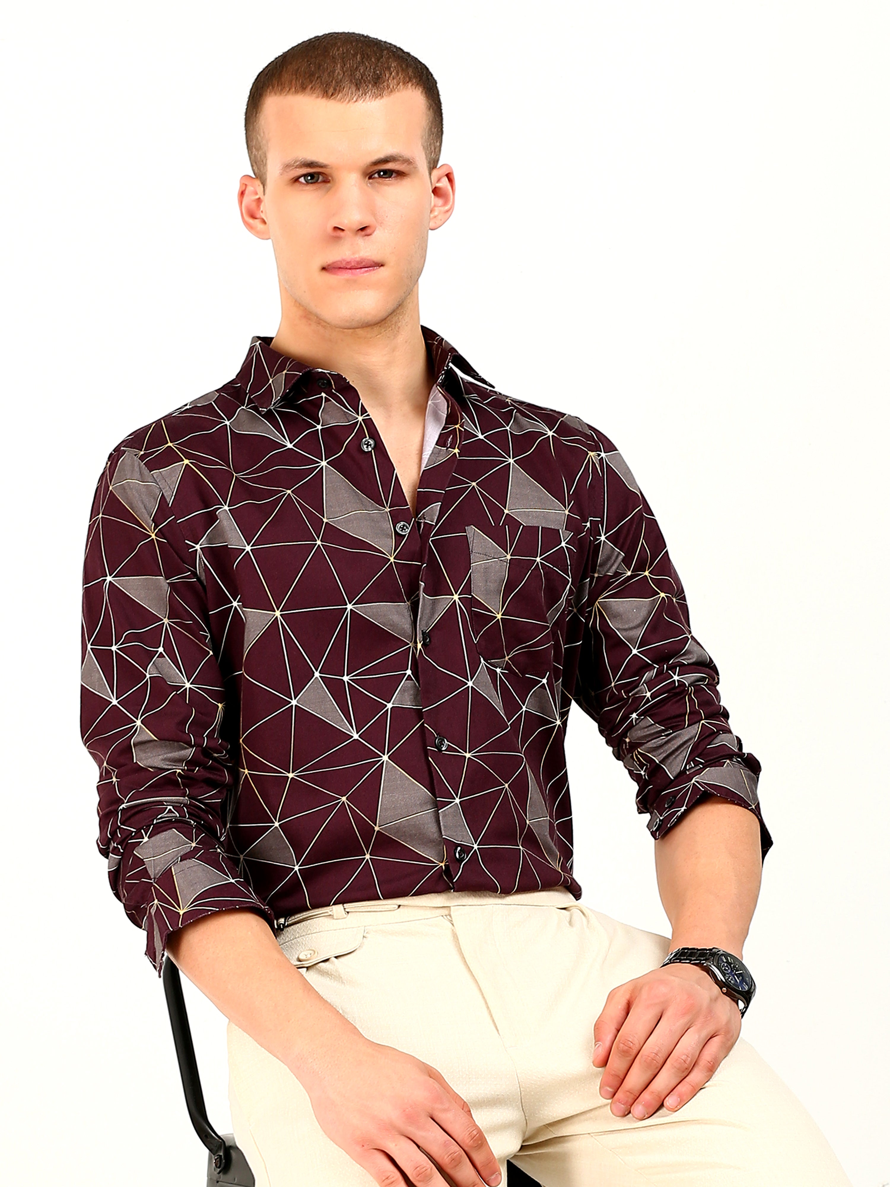 Maroon Triangle Printed Cotton Shirt