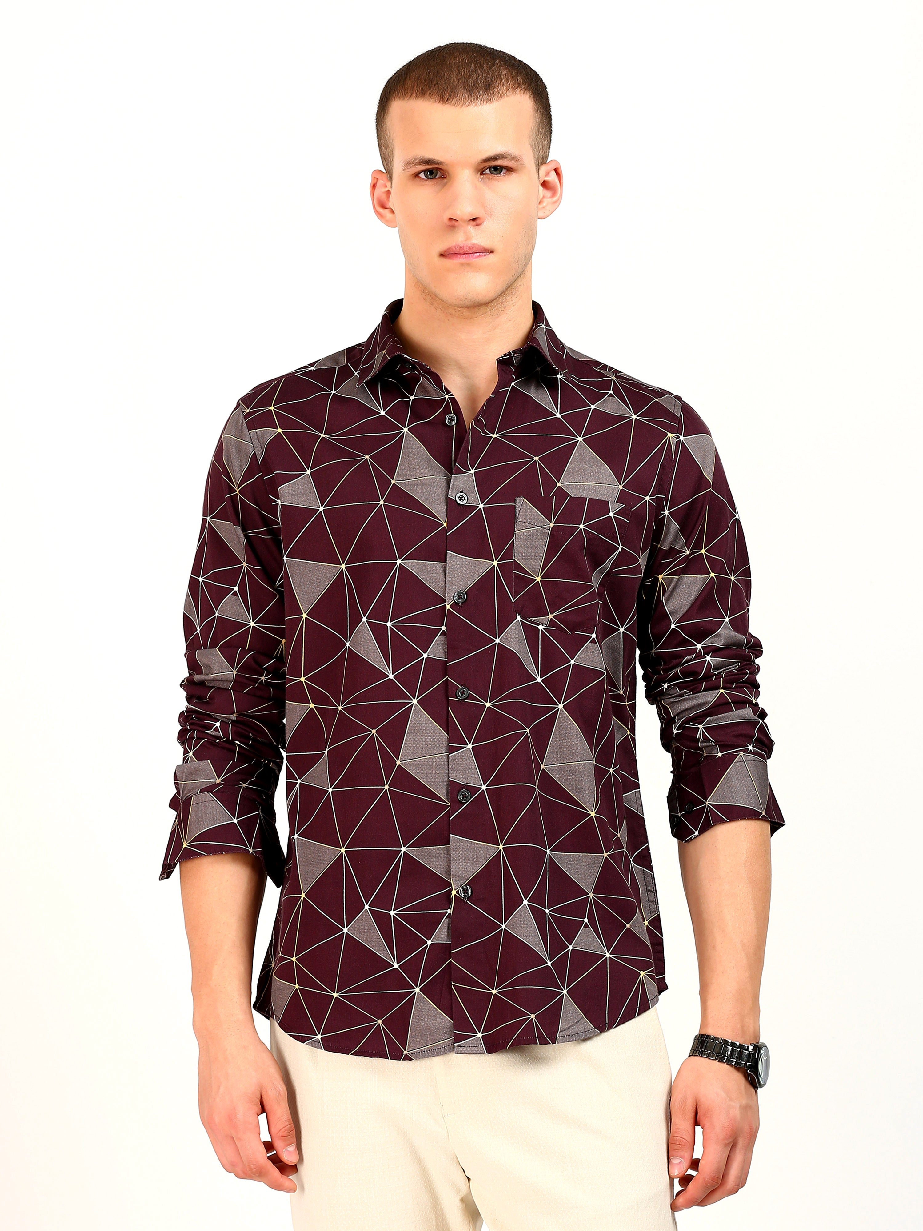 Maroon Triangle Printed Cotton Shirt