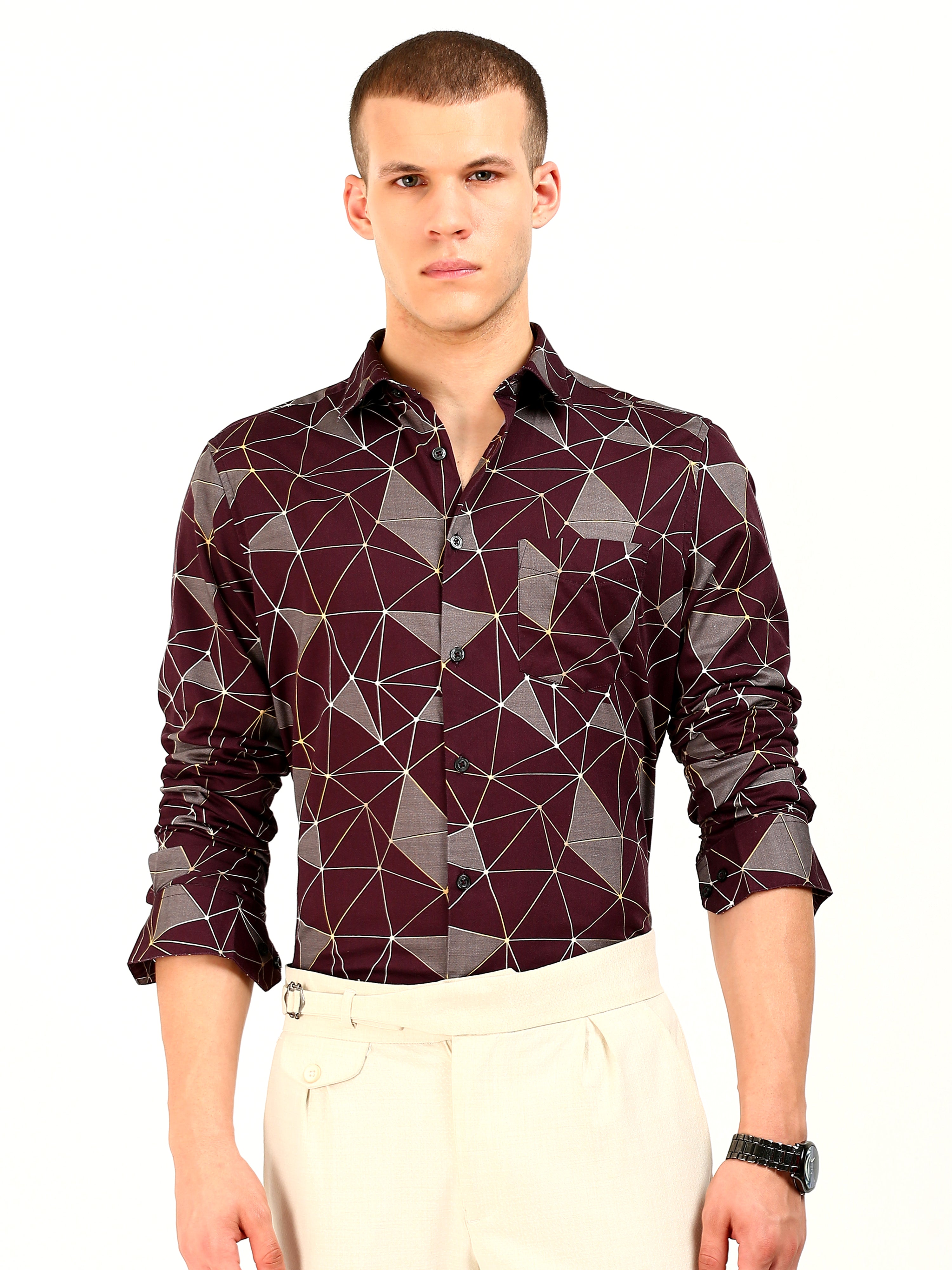 Maroon Triangle Printed Cotton Shirt