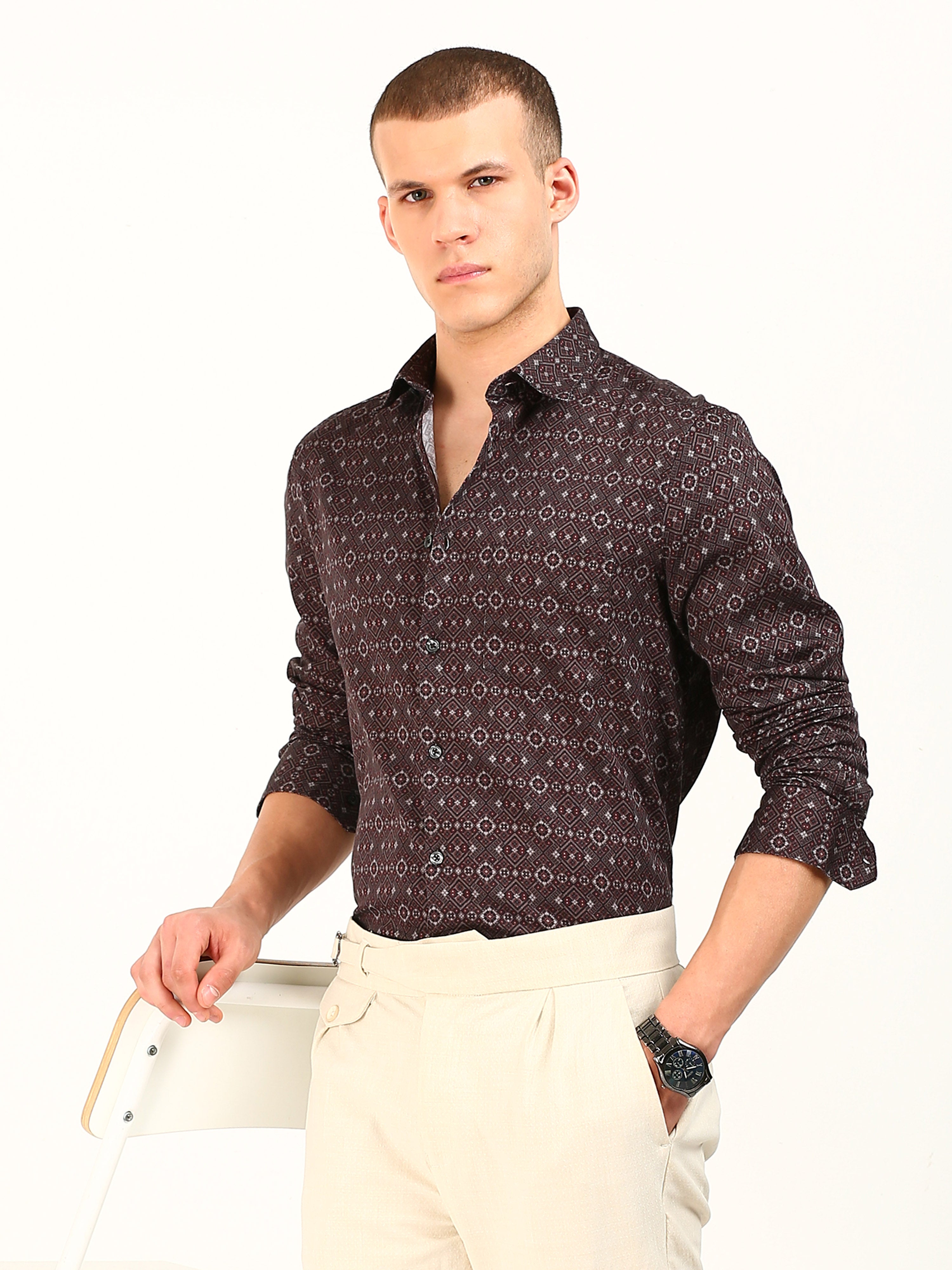 Maroon Printed Pattern Cotton Shirt