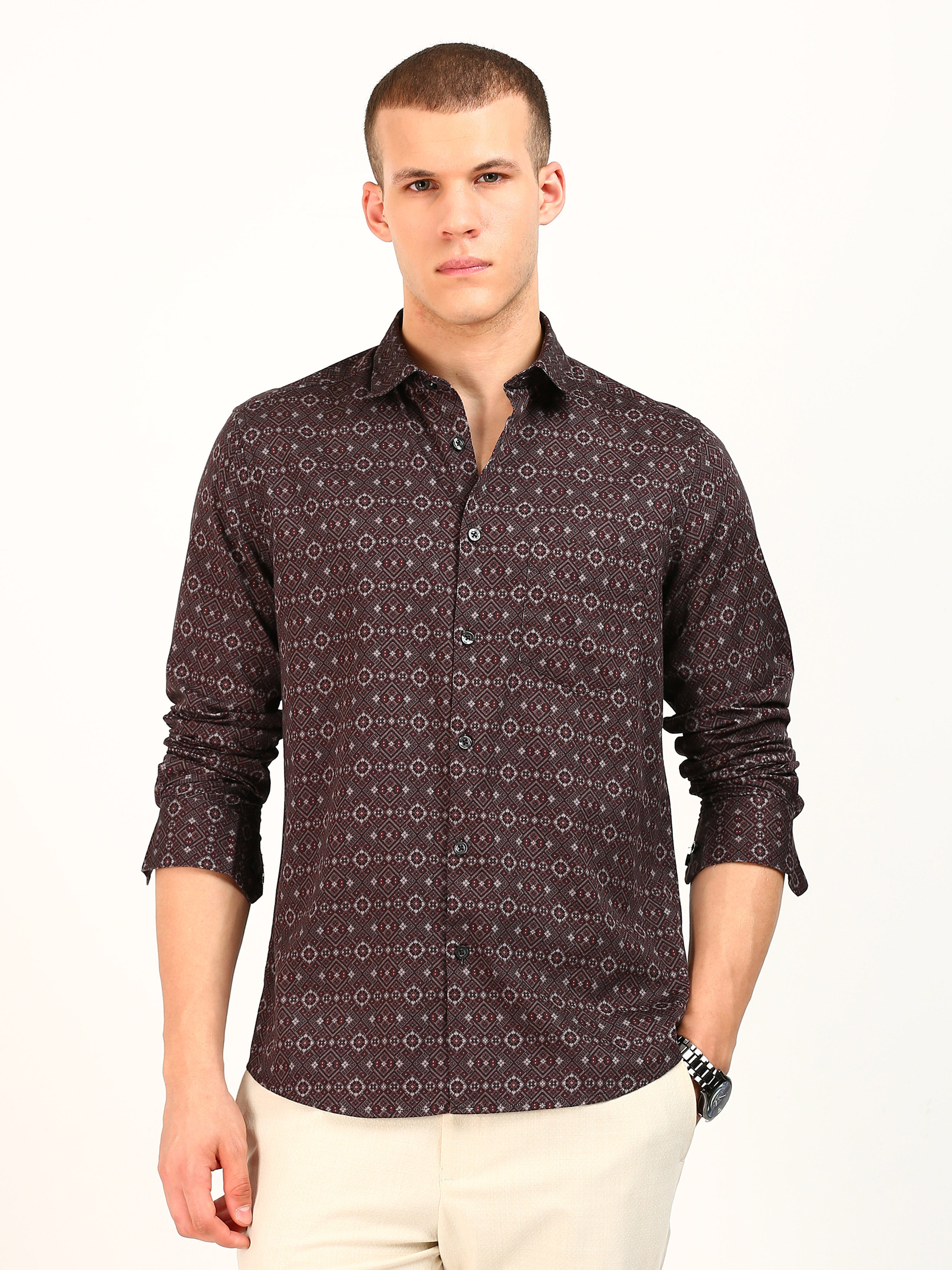 Maroon Printed Pattern Cotton Shirt