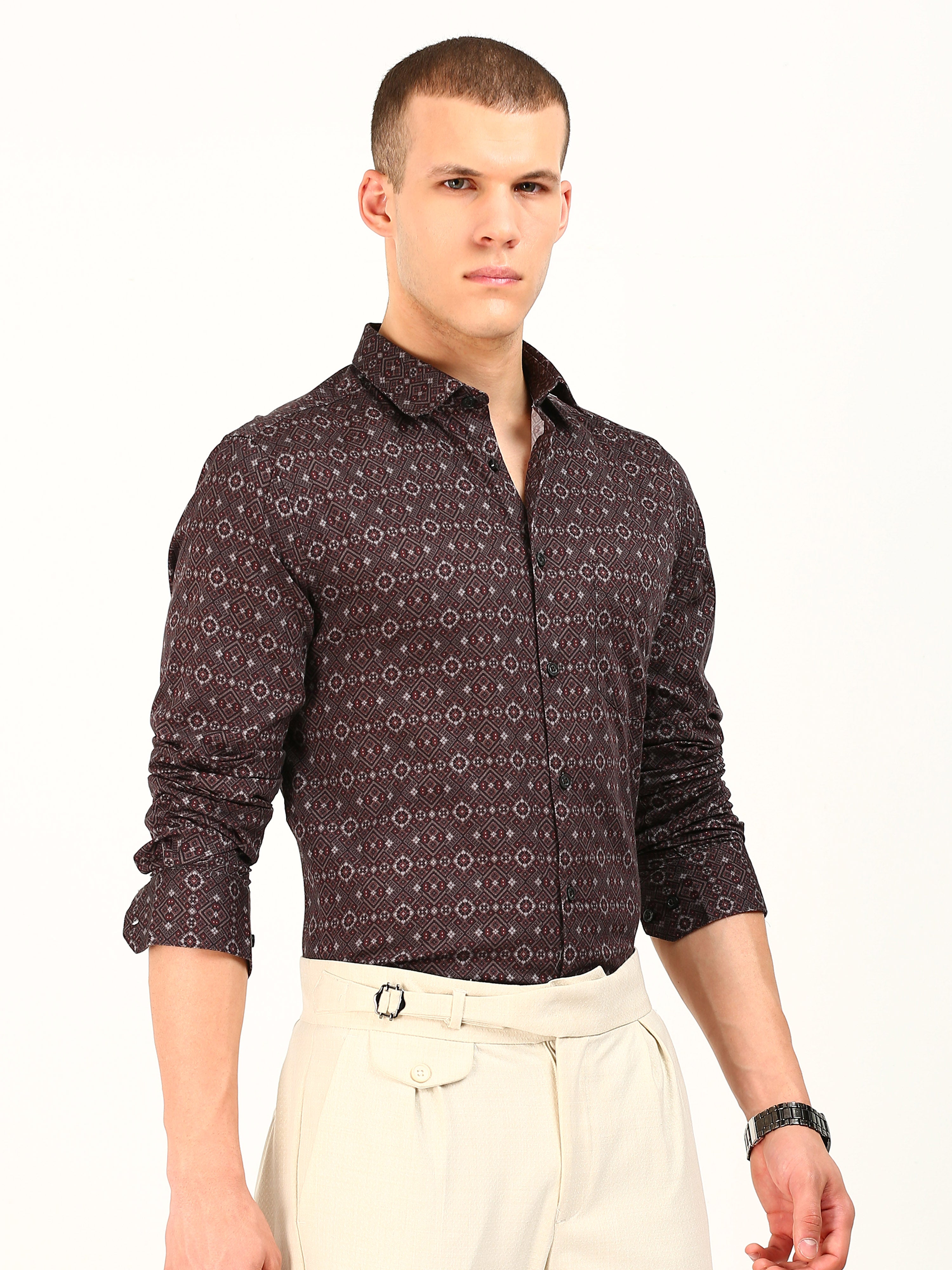 Maroon Printed Pattern Cotton Shirt