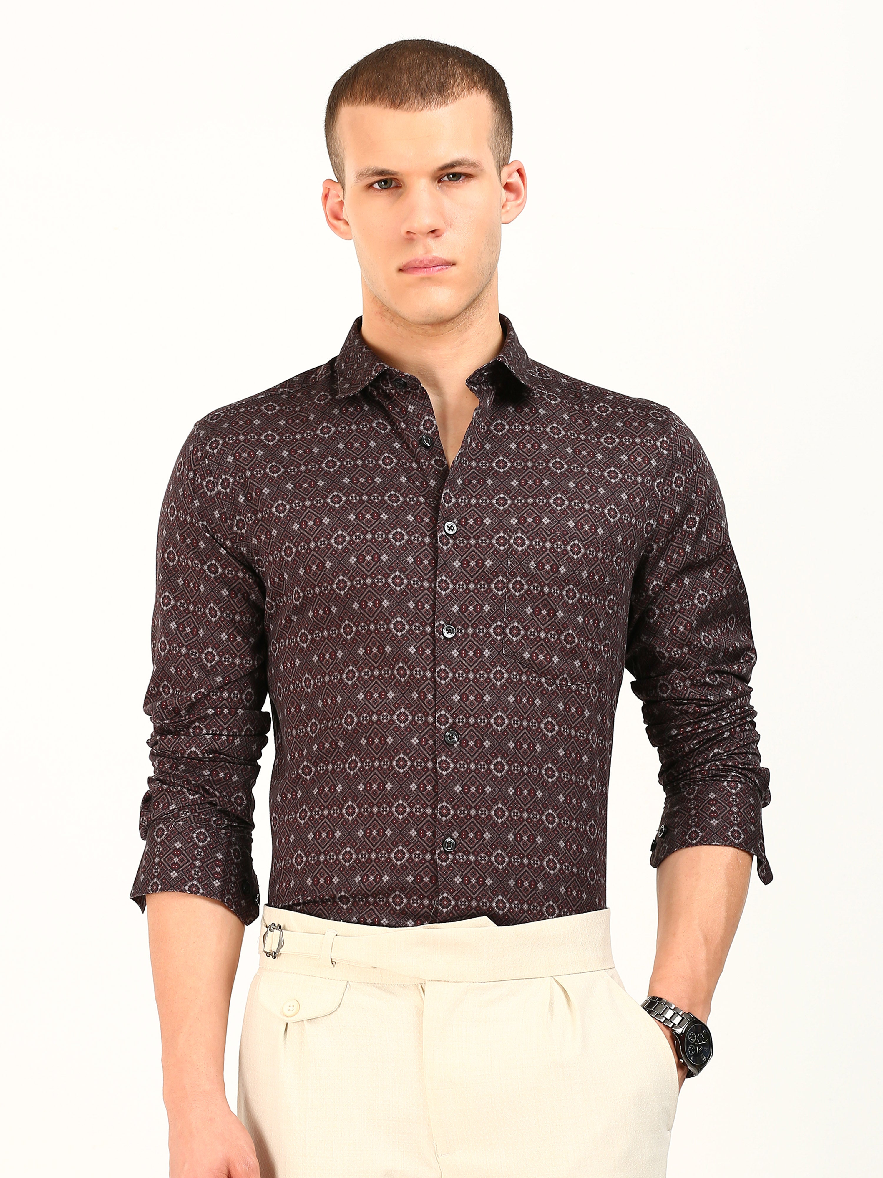 Maroon Printed Pattern Cotton Shirt