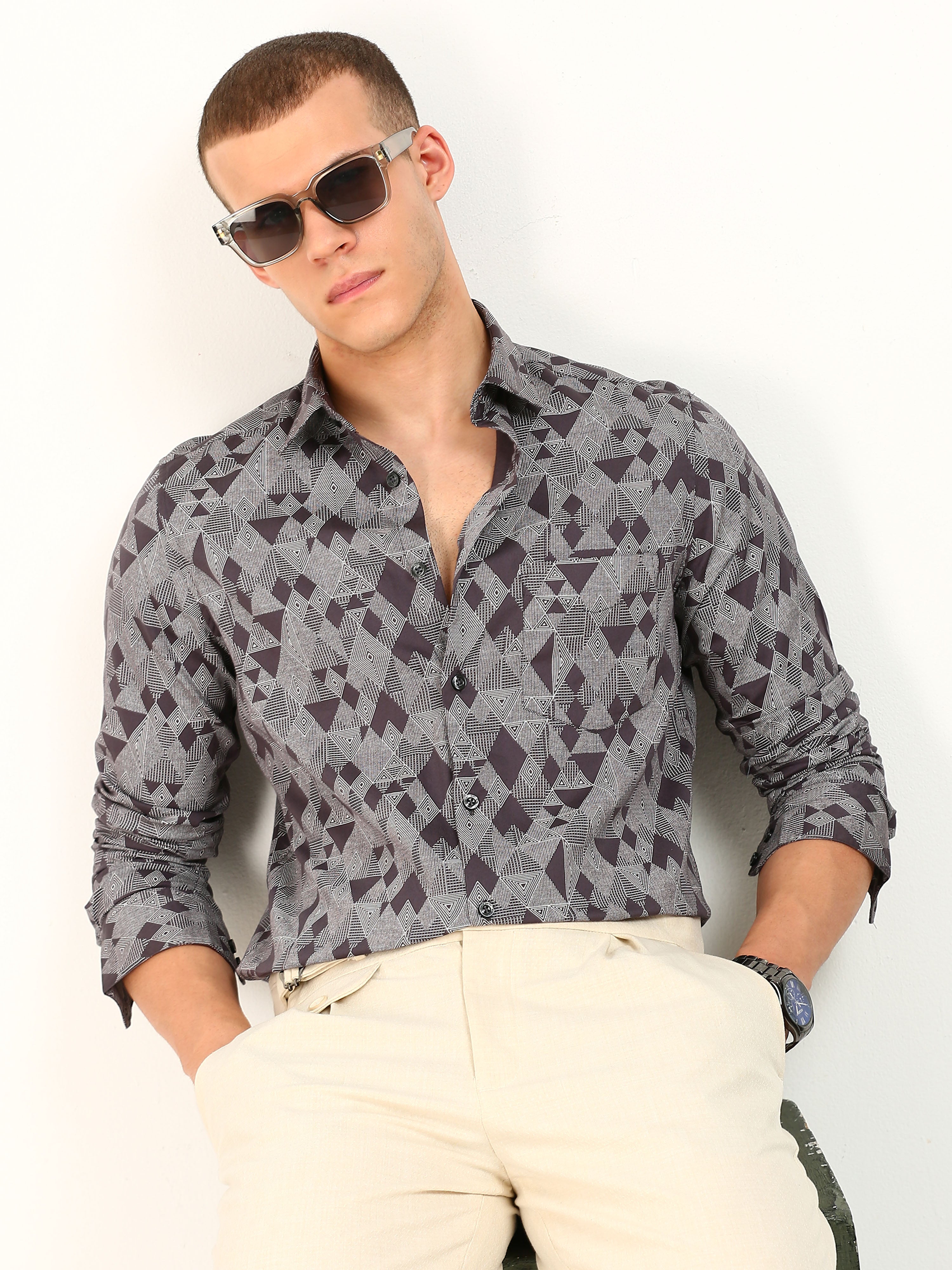 Grey Maroon Print Cotton Shirt