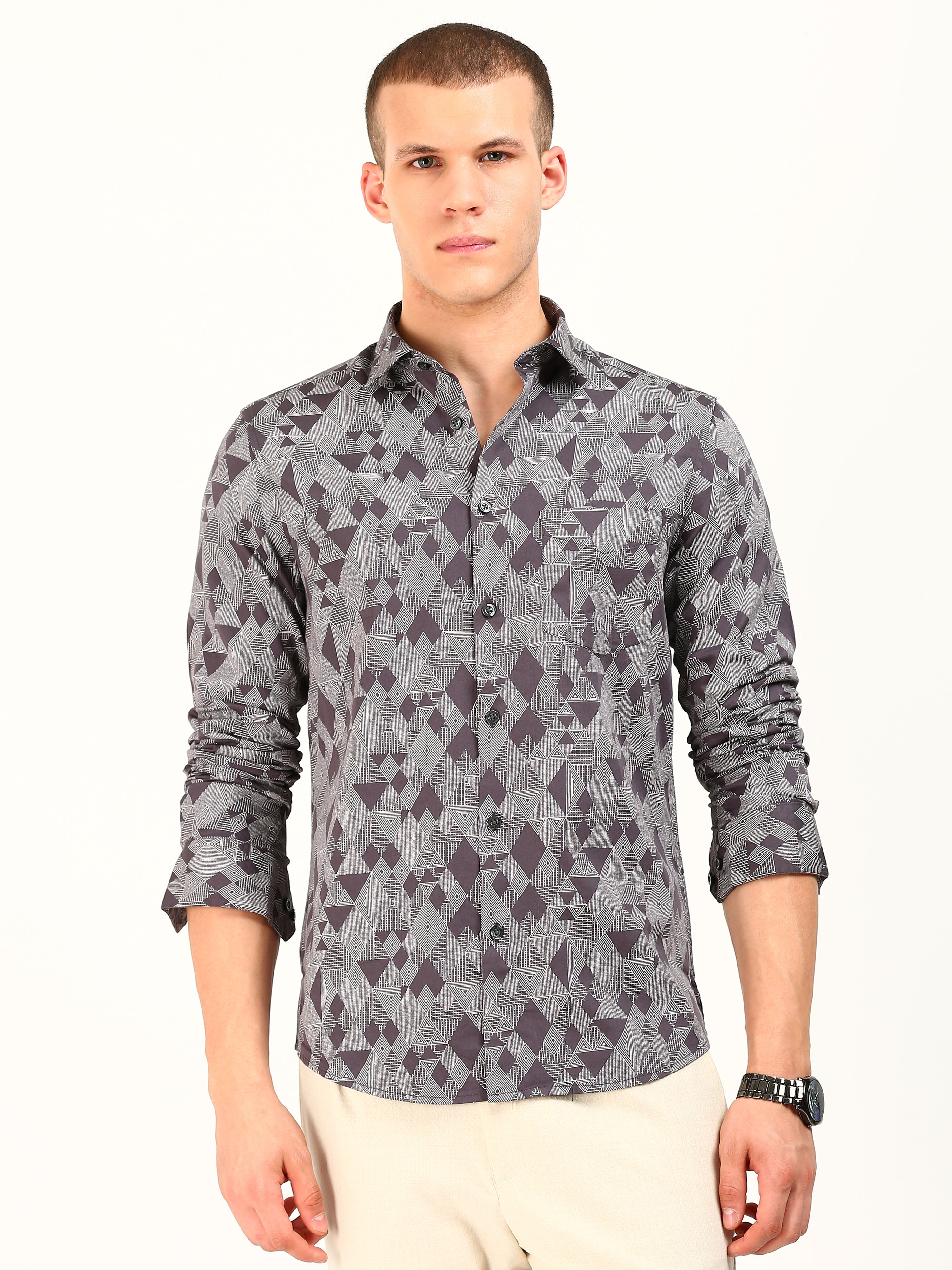 Grey Maroon Print Cotton Shirt