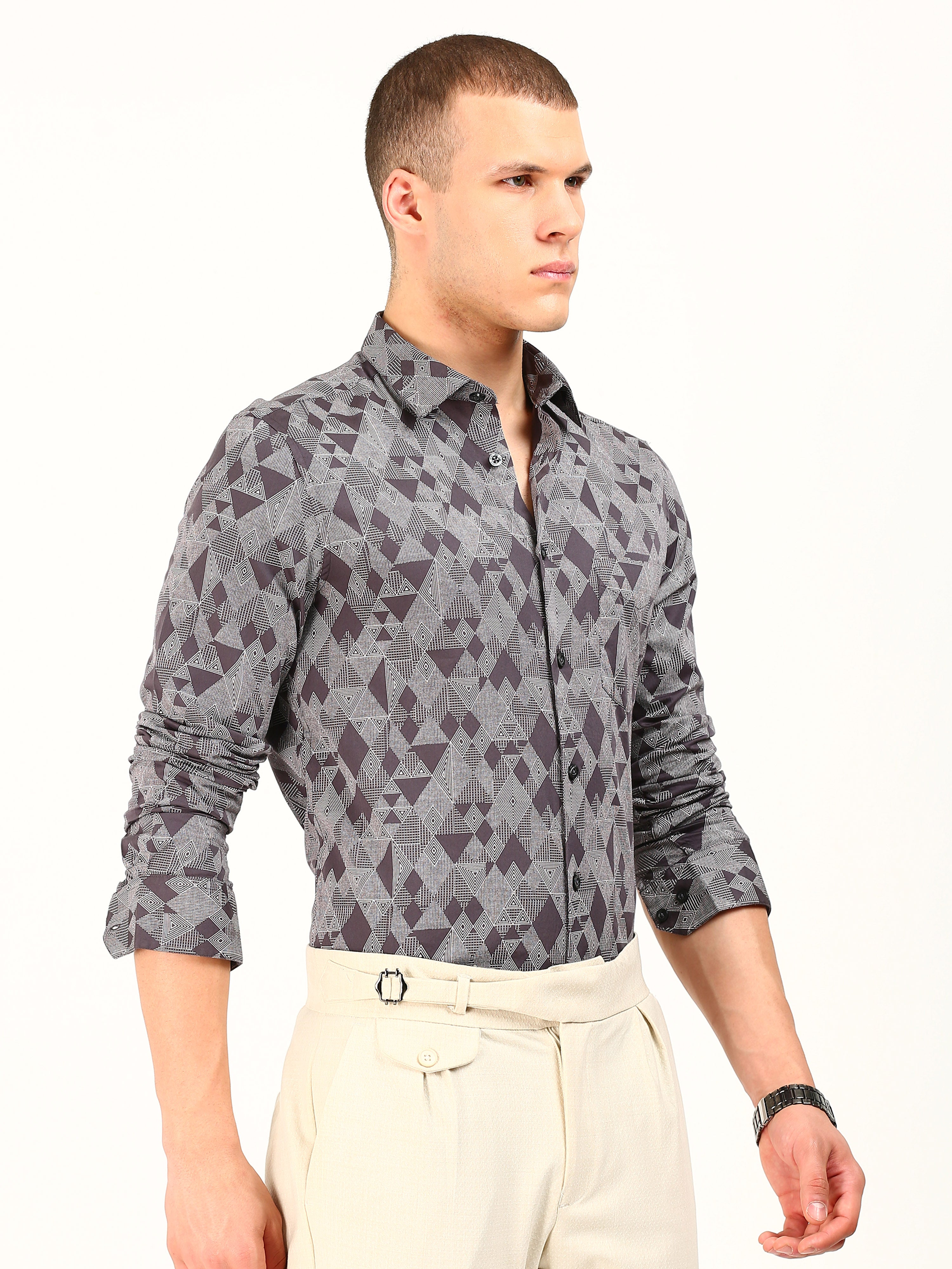 Grey Maroon Print Cotton Shirt