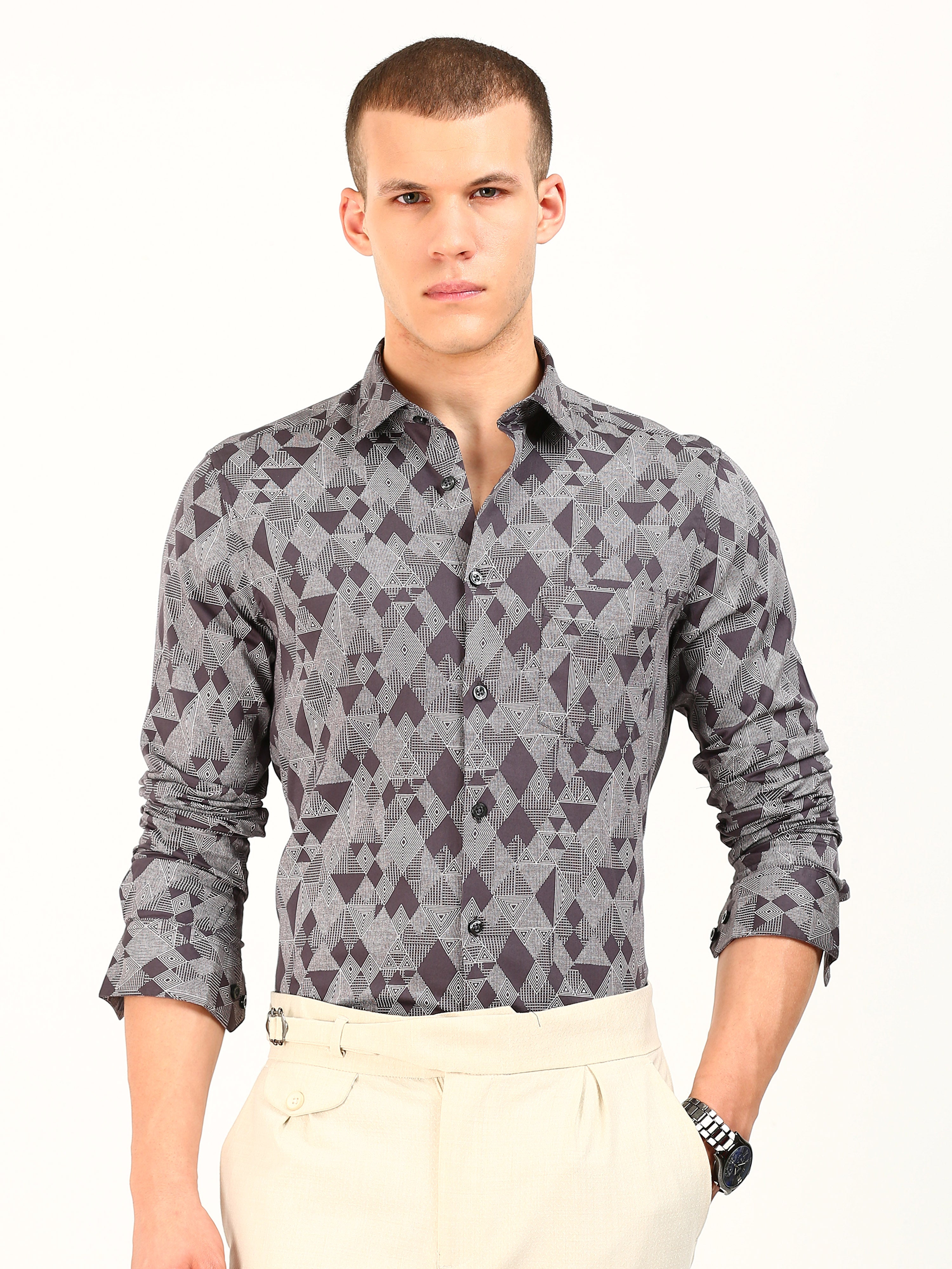 Grey Maroon Print Cotton Shirt
