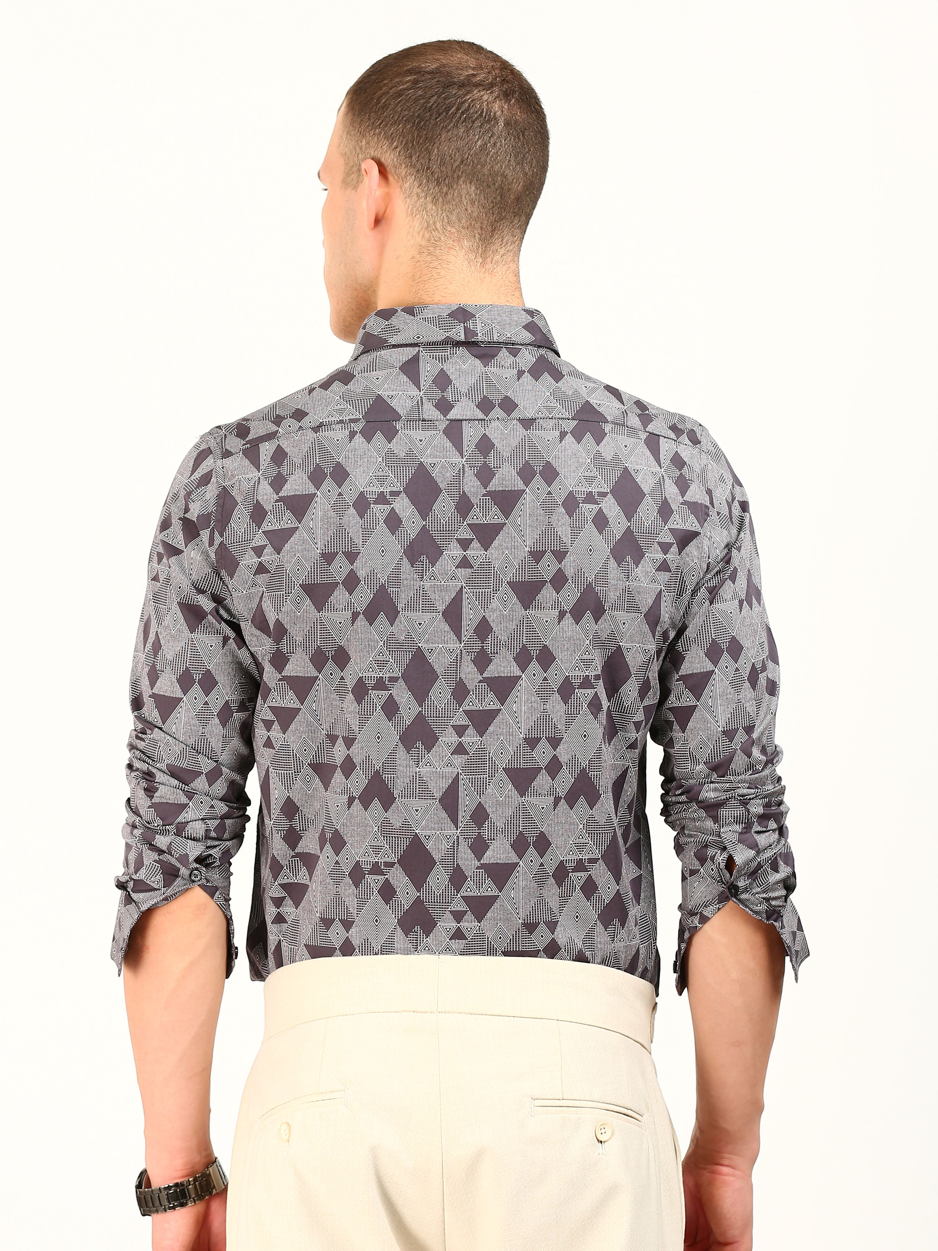 Grey Maroon Print Cotton Shirt