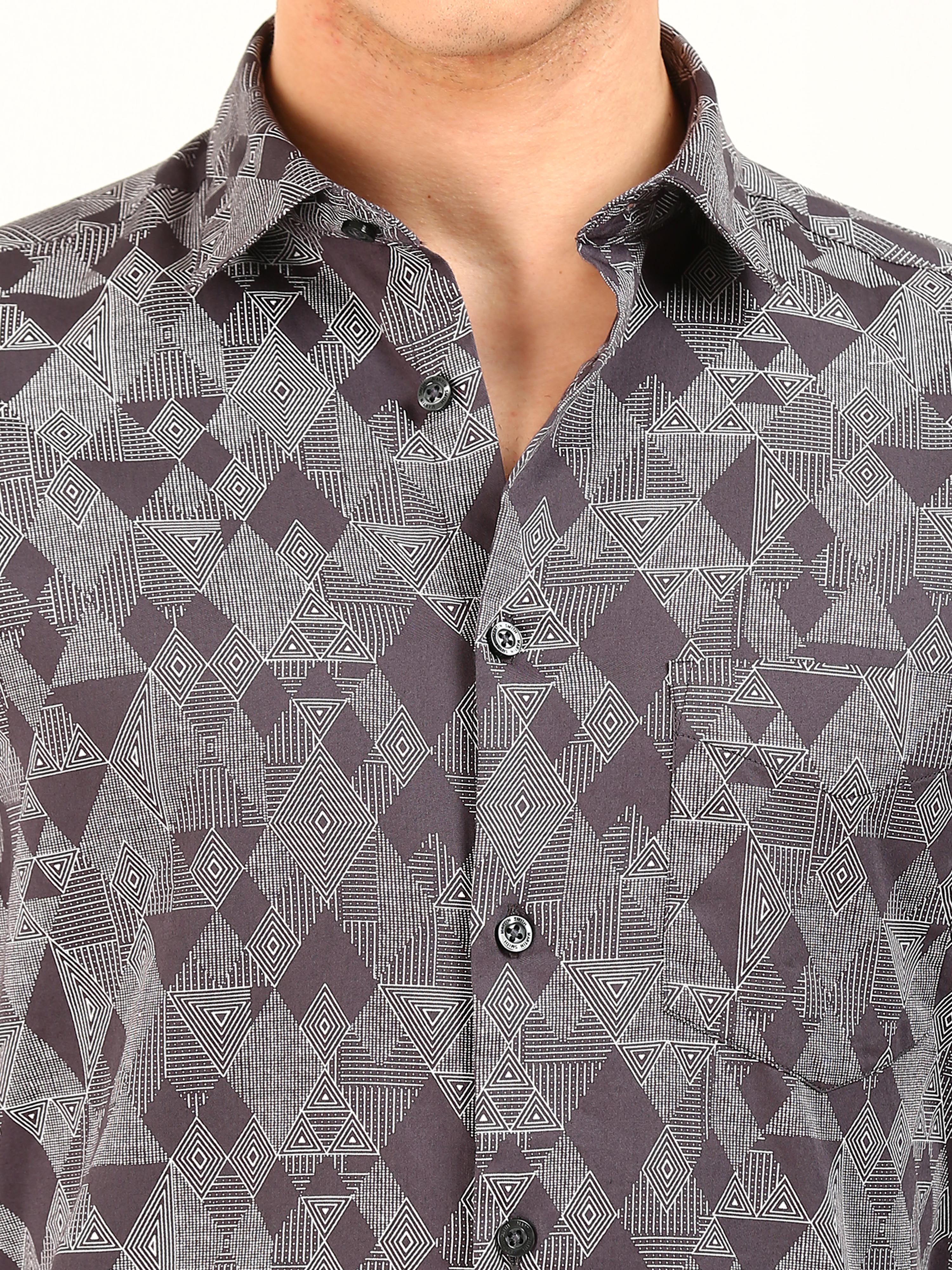 Grey Maroon Print Cotton Shirt