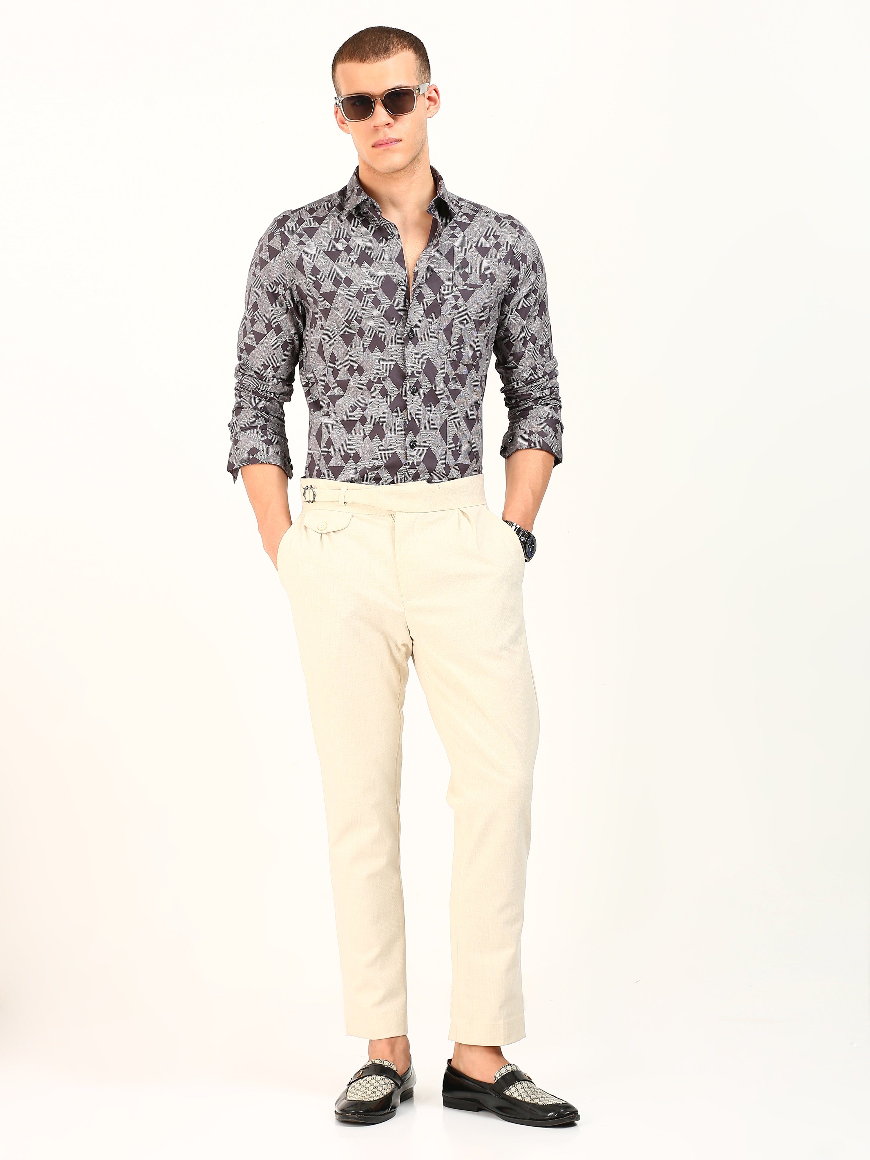 Grey Maroon Print Cotton Shirt