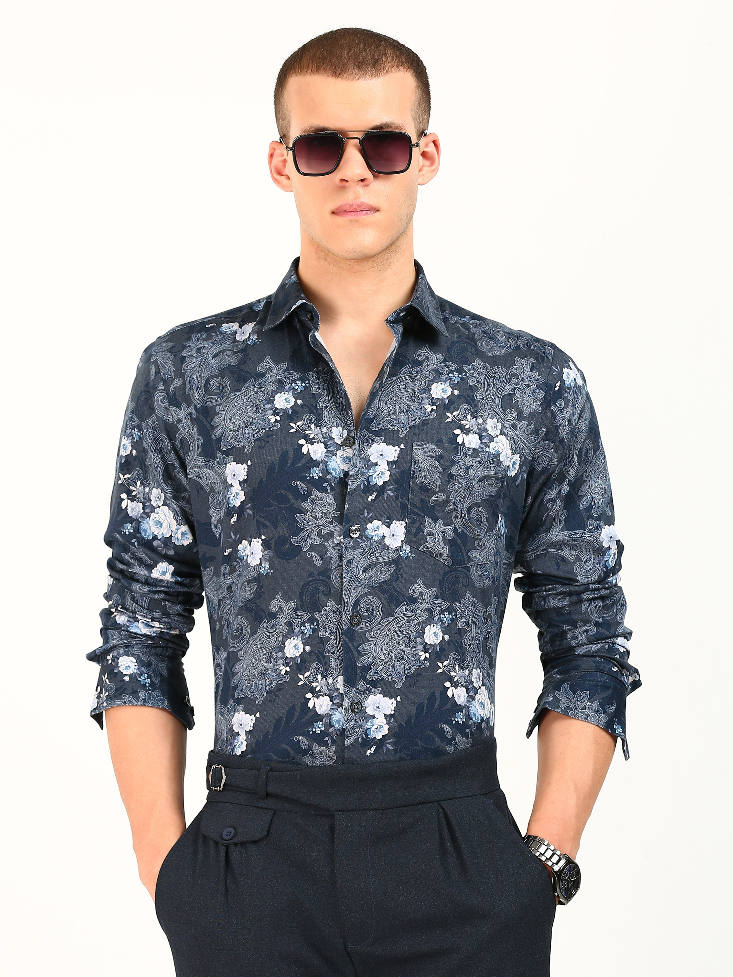 Blue Floral Cotton Print Shirt