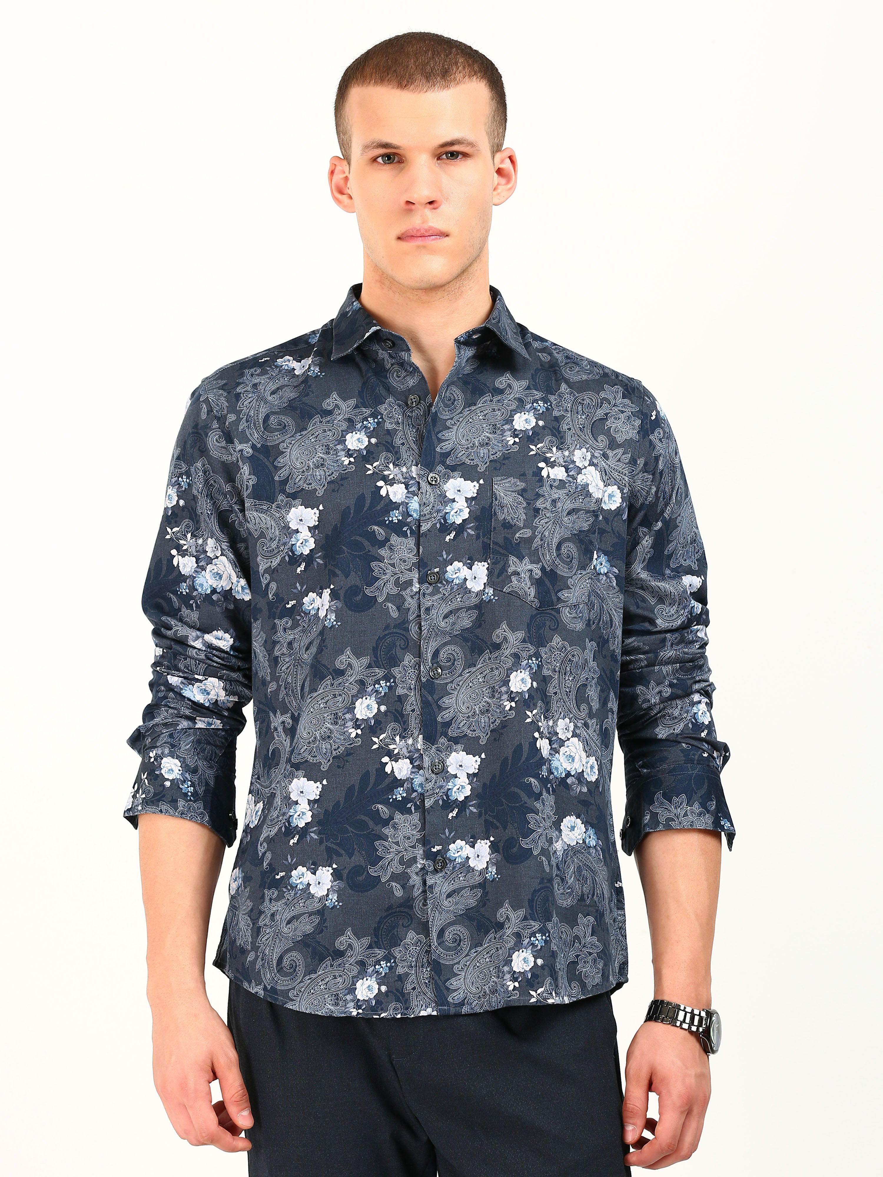 Blue Floral Cotton Print Shirt