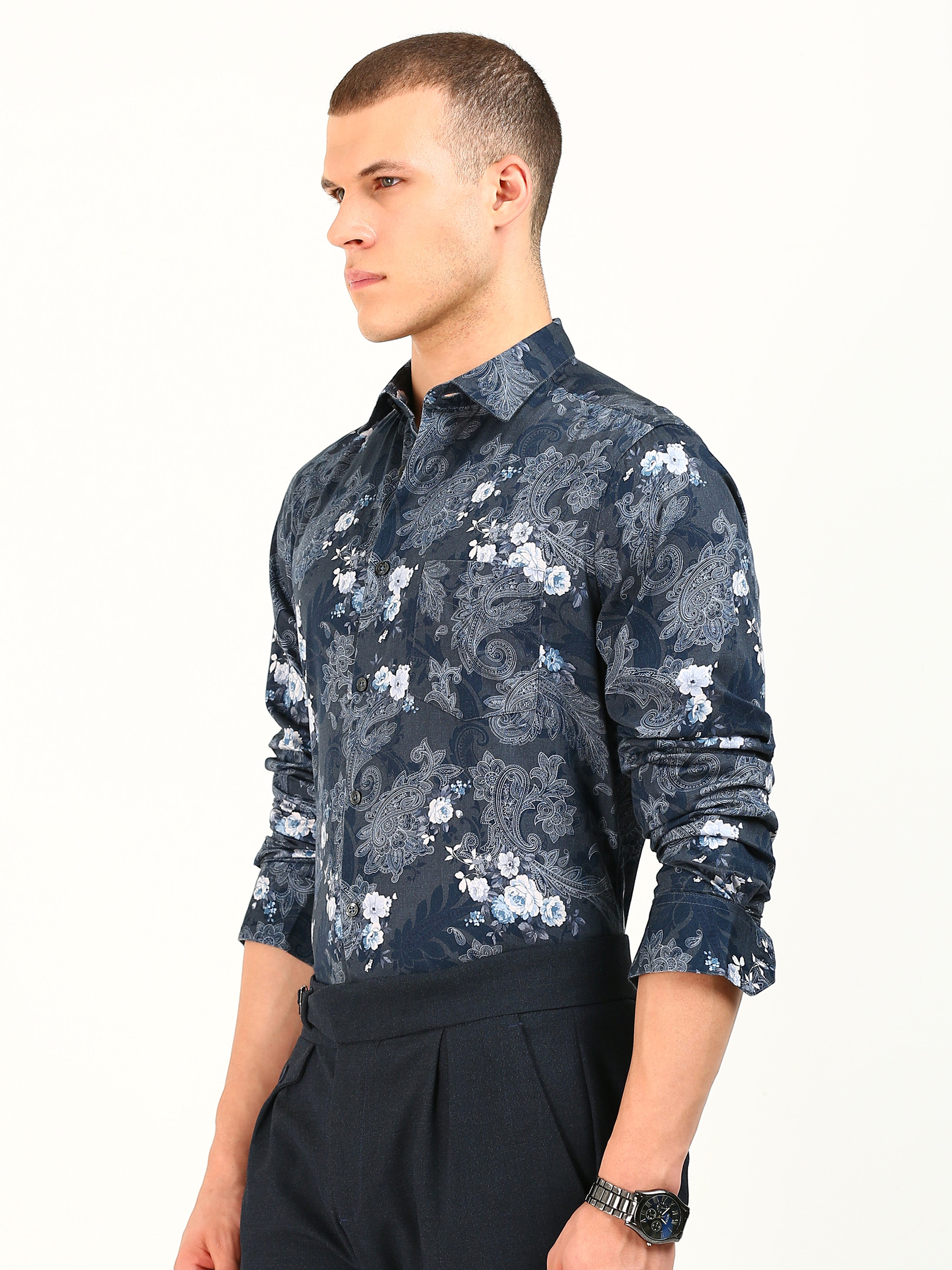 Blue Floral Cotton Print Shirt